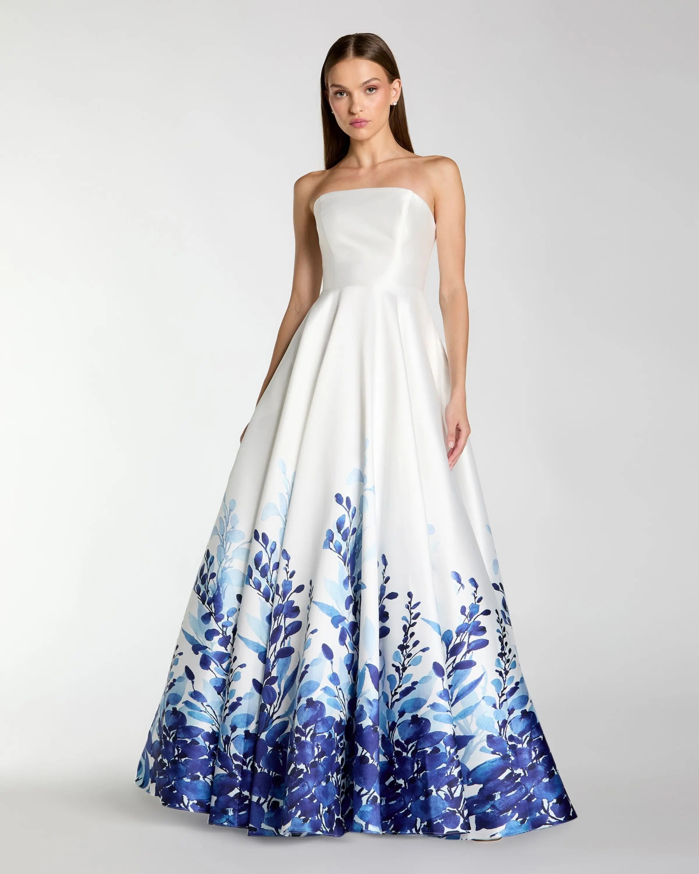 White Strapless Floral Printed Mikado Ball Gown-Myartka
