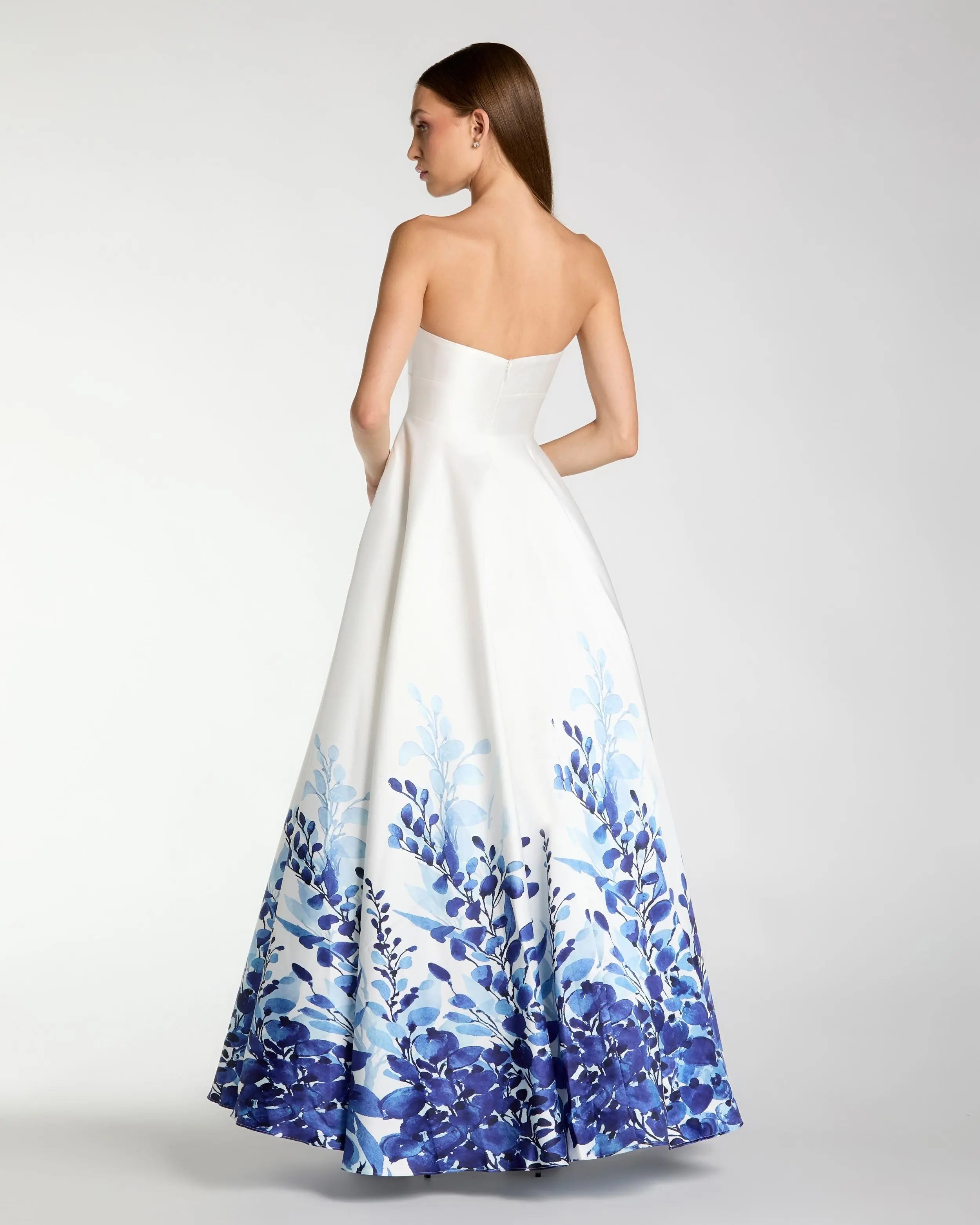 White Strapless Floral Printed Mikado Ball Gown-Myartka