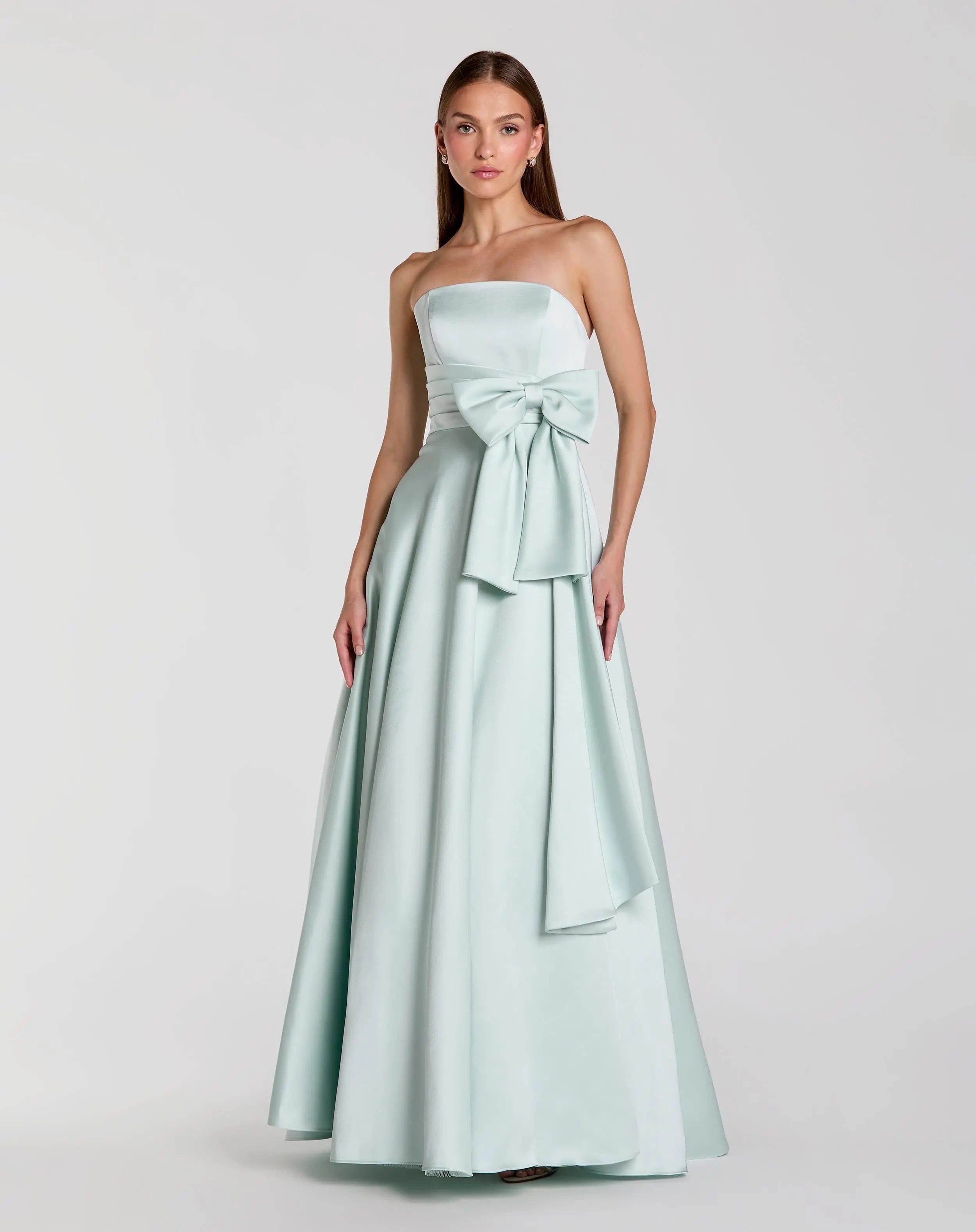 Green Strapless Satin Ball Gown with Bow Detail-Myartka