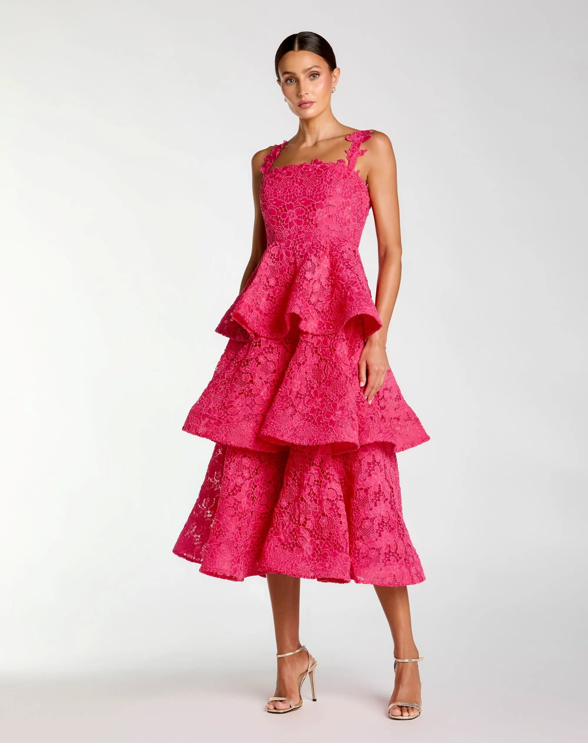 Pink Sleeveless Embroidered Lace Ruffle Midi Dress-Myartka