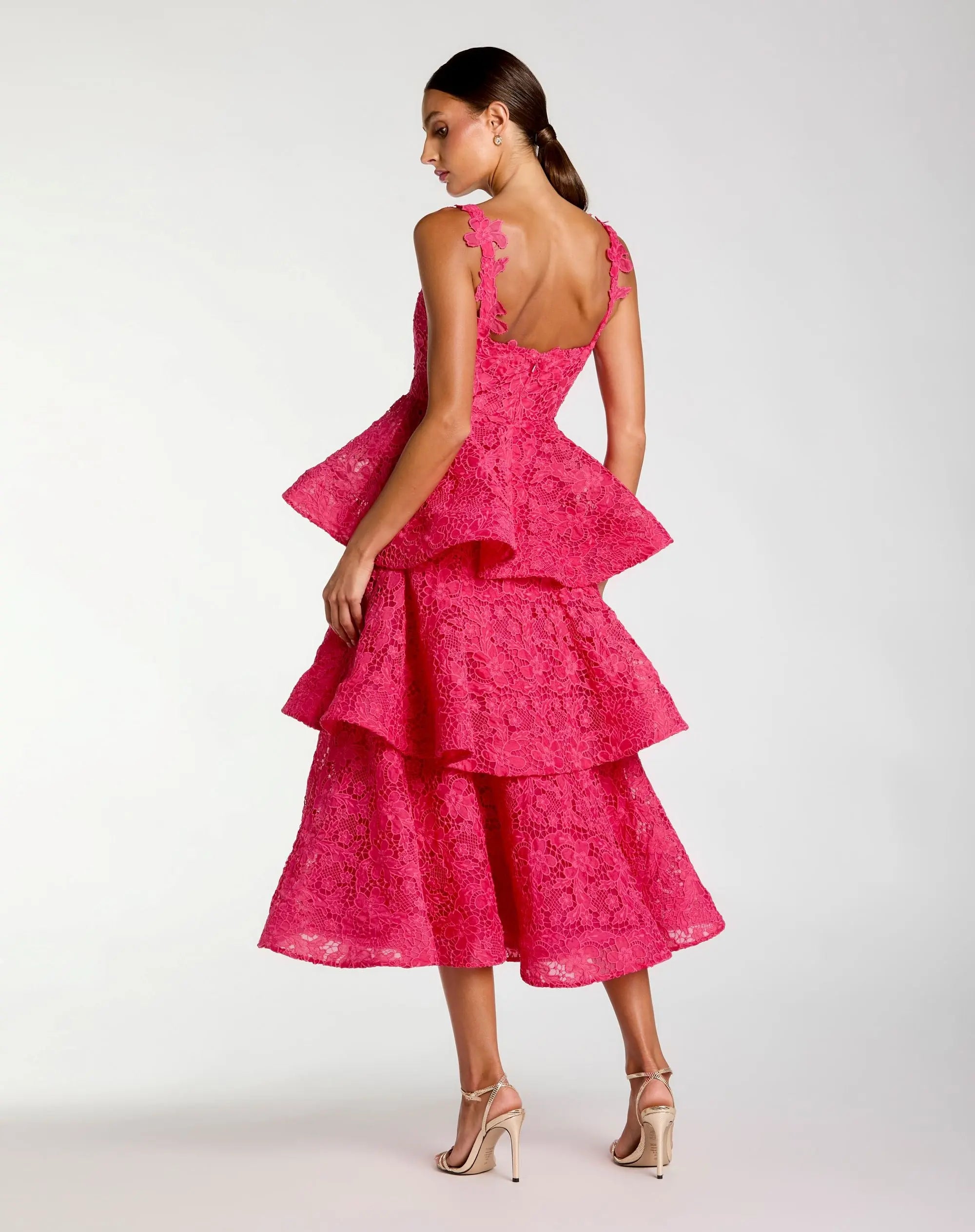 Pink Sleeveless Embroidered Lace Ruffle Midi Dress-Myartka