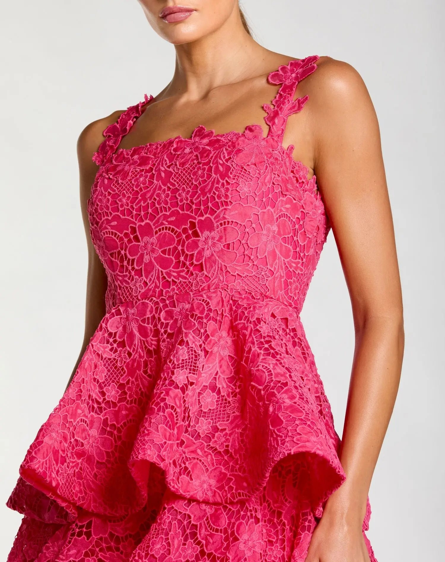 Pink Sleeveless Embroidered Lace Ruffle Midi Dress-Myartka