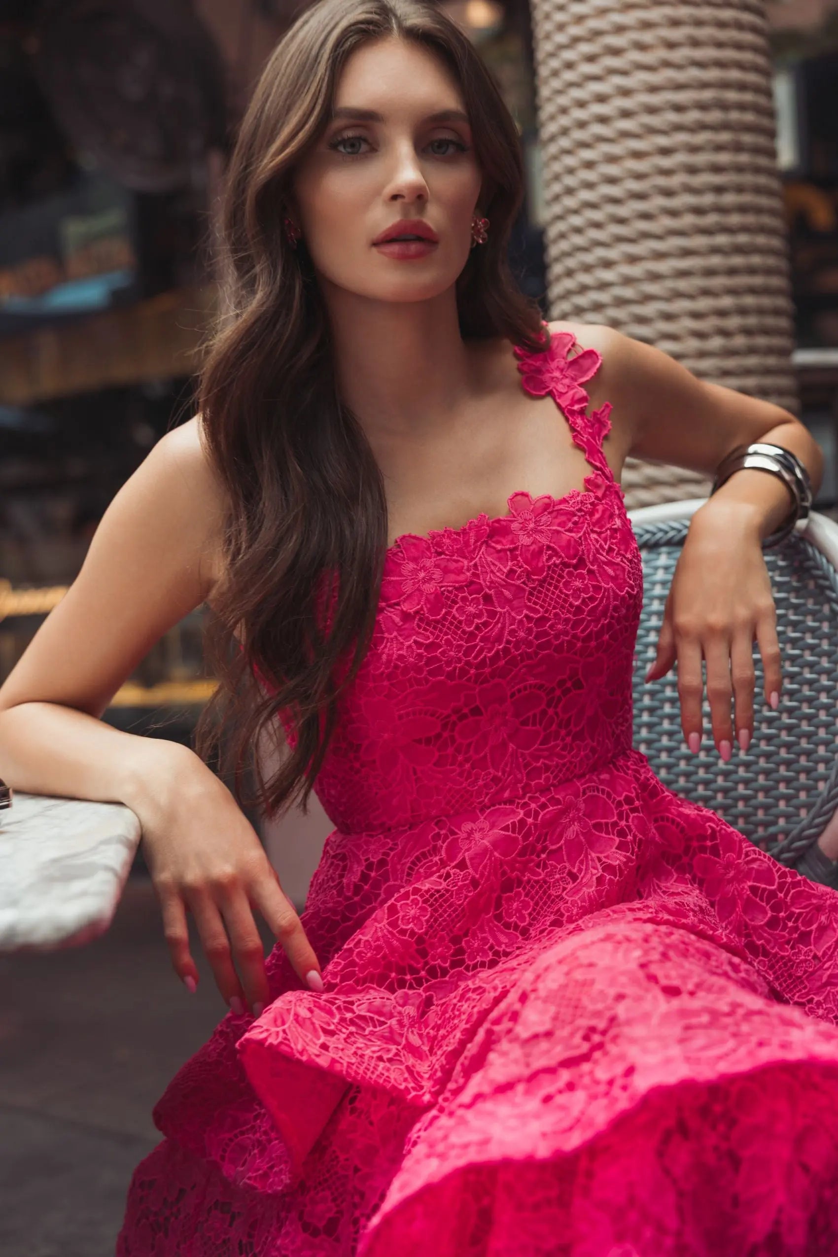 Pink Sleeveless Embroidered Lace Ruffle Midi Dress-Myartka