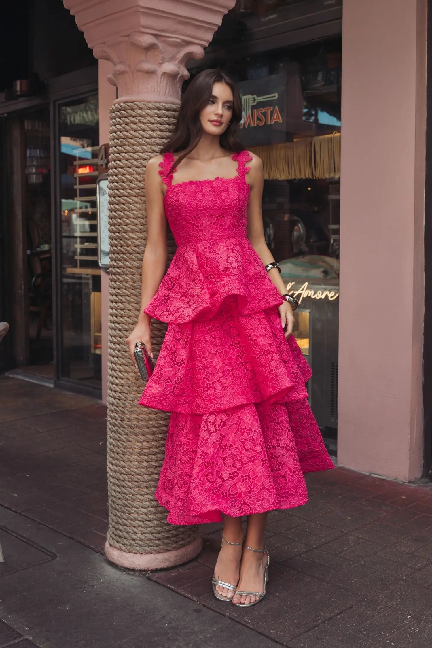 Pink Sleeveless Embroidered Lace Ruffle Midi Dress-Myartka