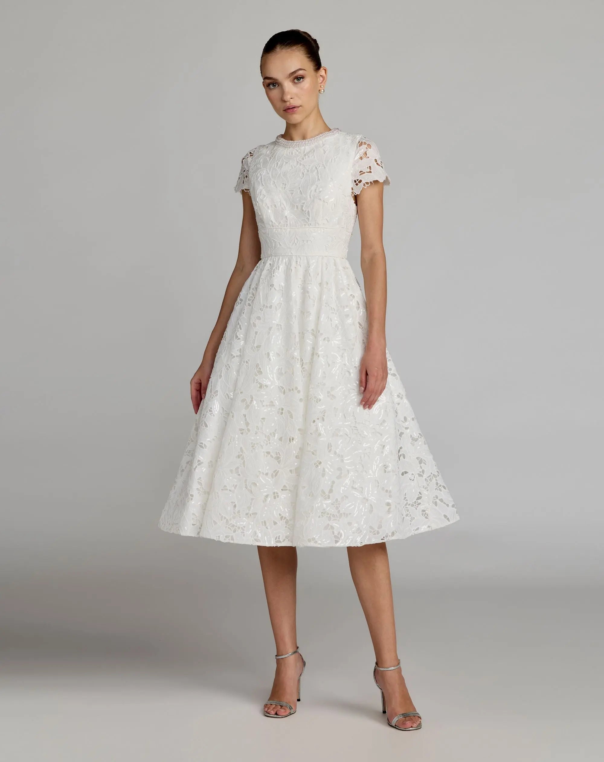 White Embroidered Lace A Line Midi Dress-Myartka