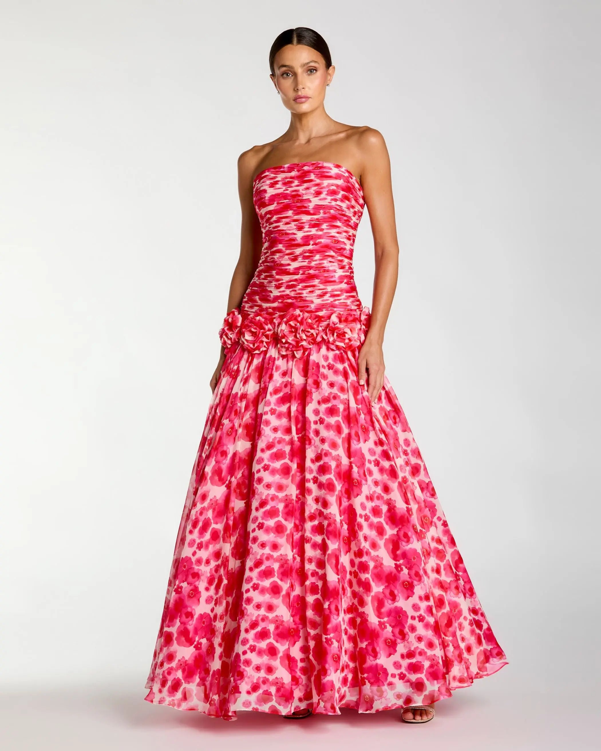 Pink Strapless Chiffon Ball Gown With 3D Flowers-Myartka