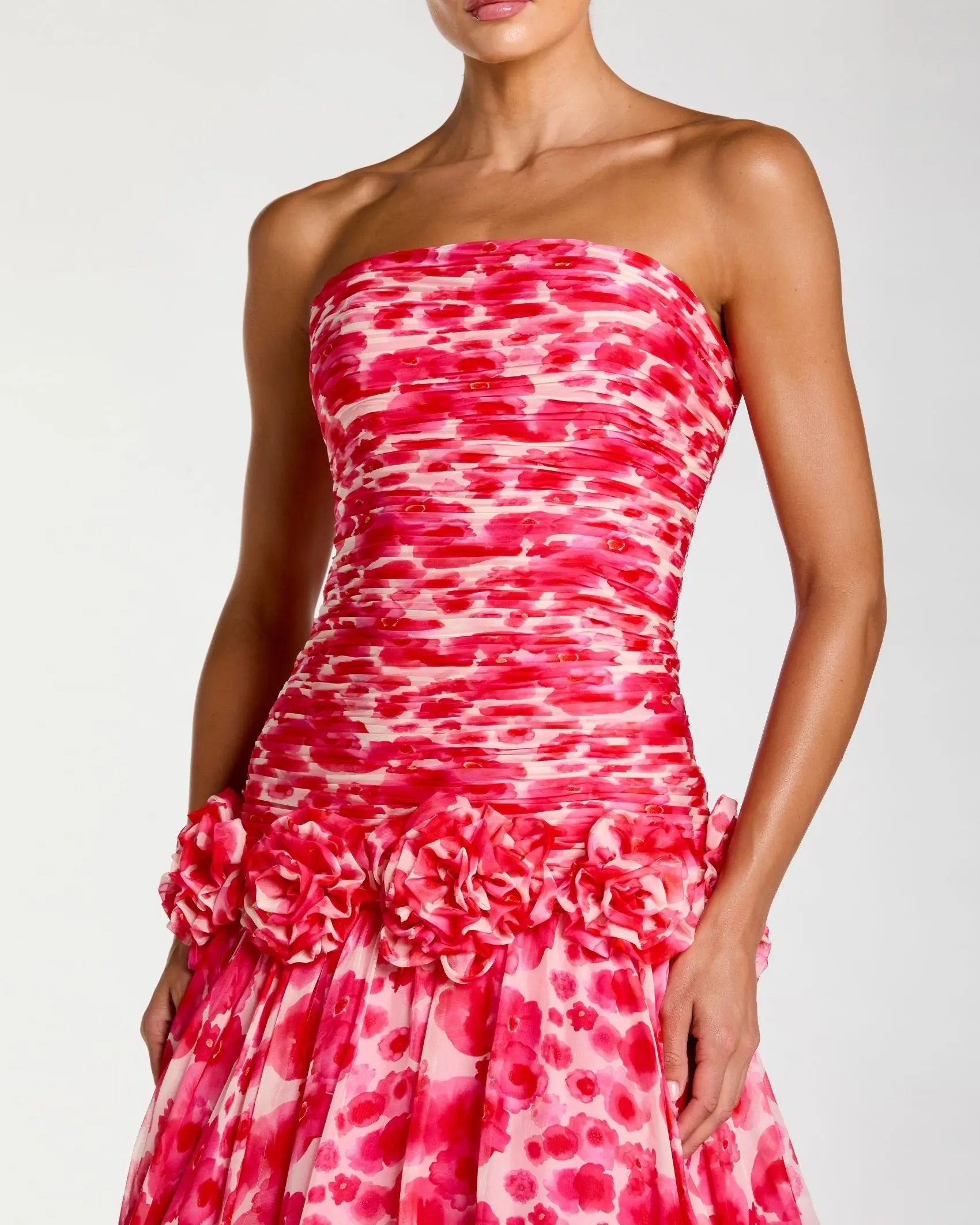 Pink Strapless Chiffon Ball Gown With 3D Flowers-Myartka