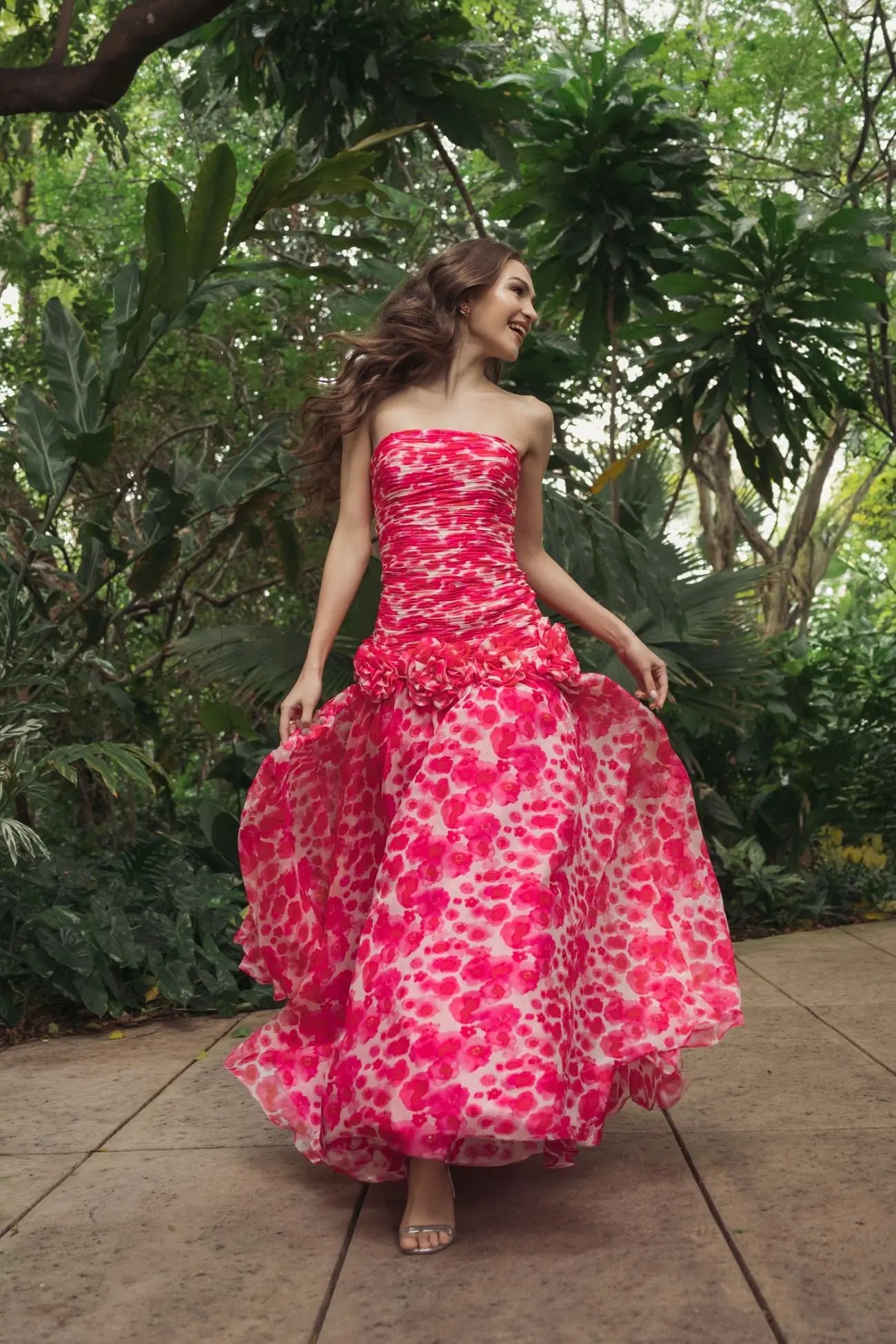 Pink Strapless Chiffon Ball Gown With 3D Flowers-Myartka
