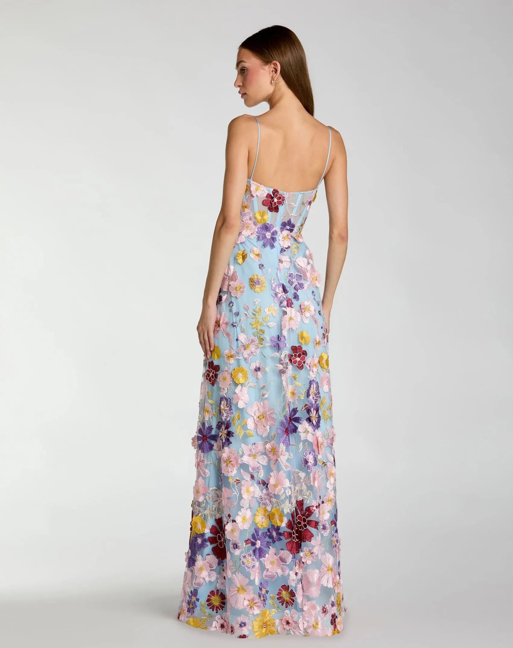 Blue Spaghetti Strap Floral Embroidered A-Line Gown-Myartka