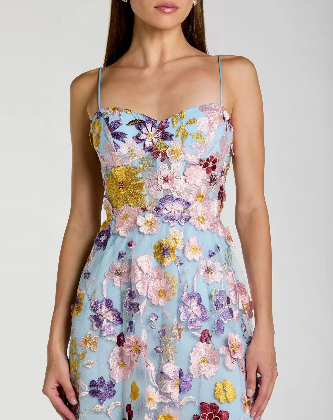 Blue Spaghetti Strap Floral Embroidered A-Line Gown-Myartka