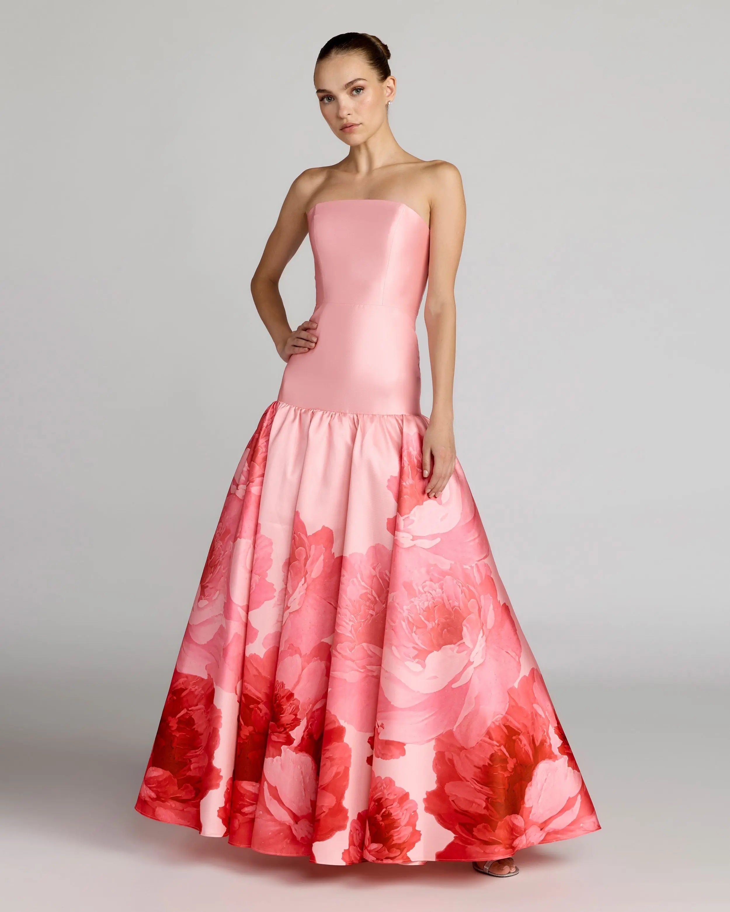 Pink Printed Mikado Strapless Drop Waist Ball Gown-Myartka