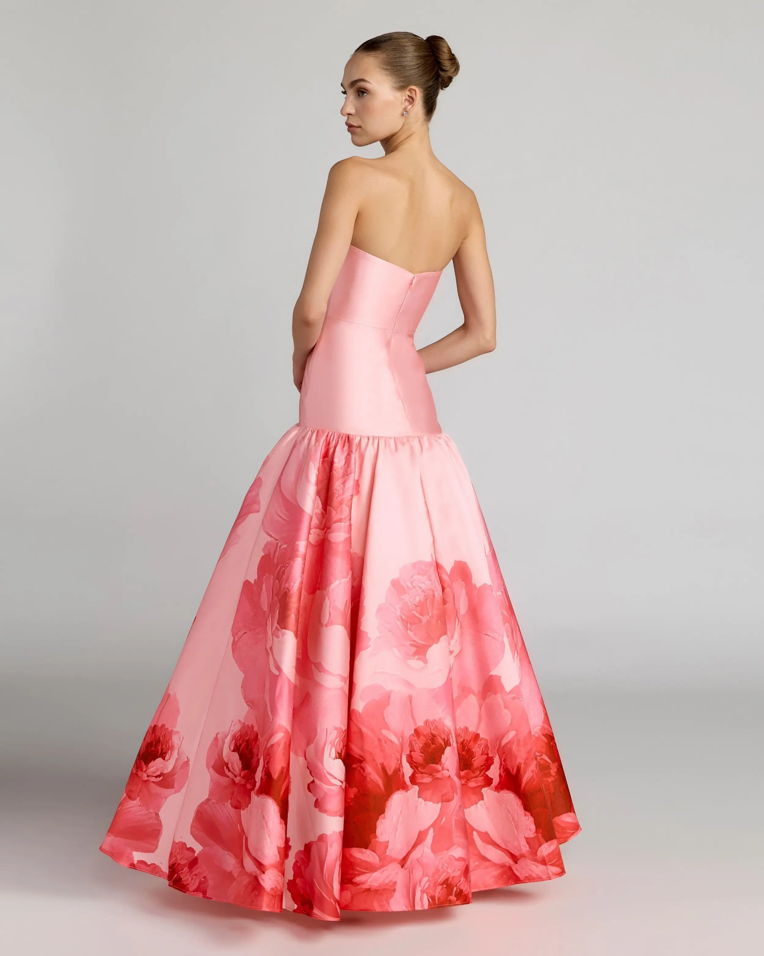 Pink Printed Mikado Strapless Drop Waist Ball Gown-Myartka