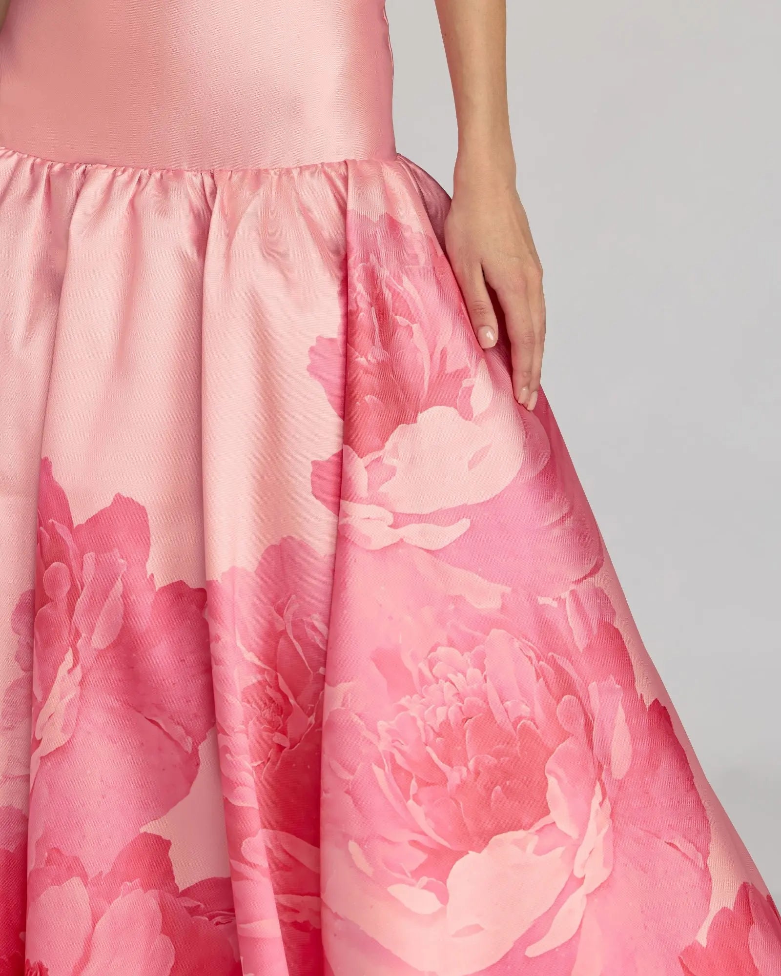 Pink Printed Mikado Strapless Drop Waist Ball Gown-Myartka
