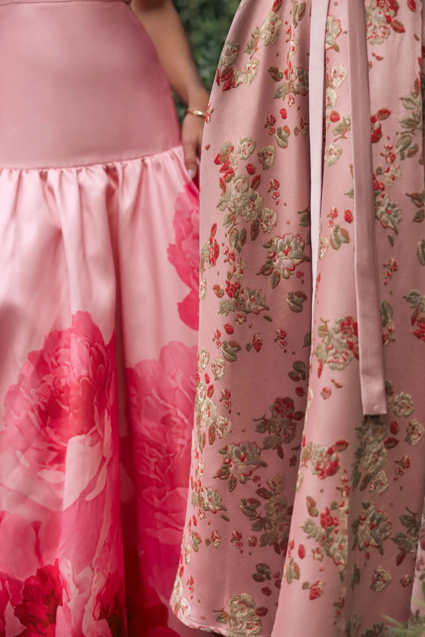 Pink Printed Mikado Strapless Drop Waist Ball Gown-Myartka