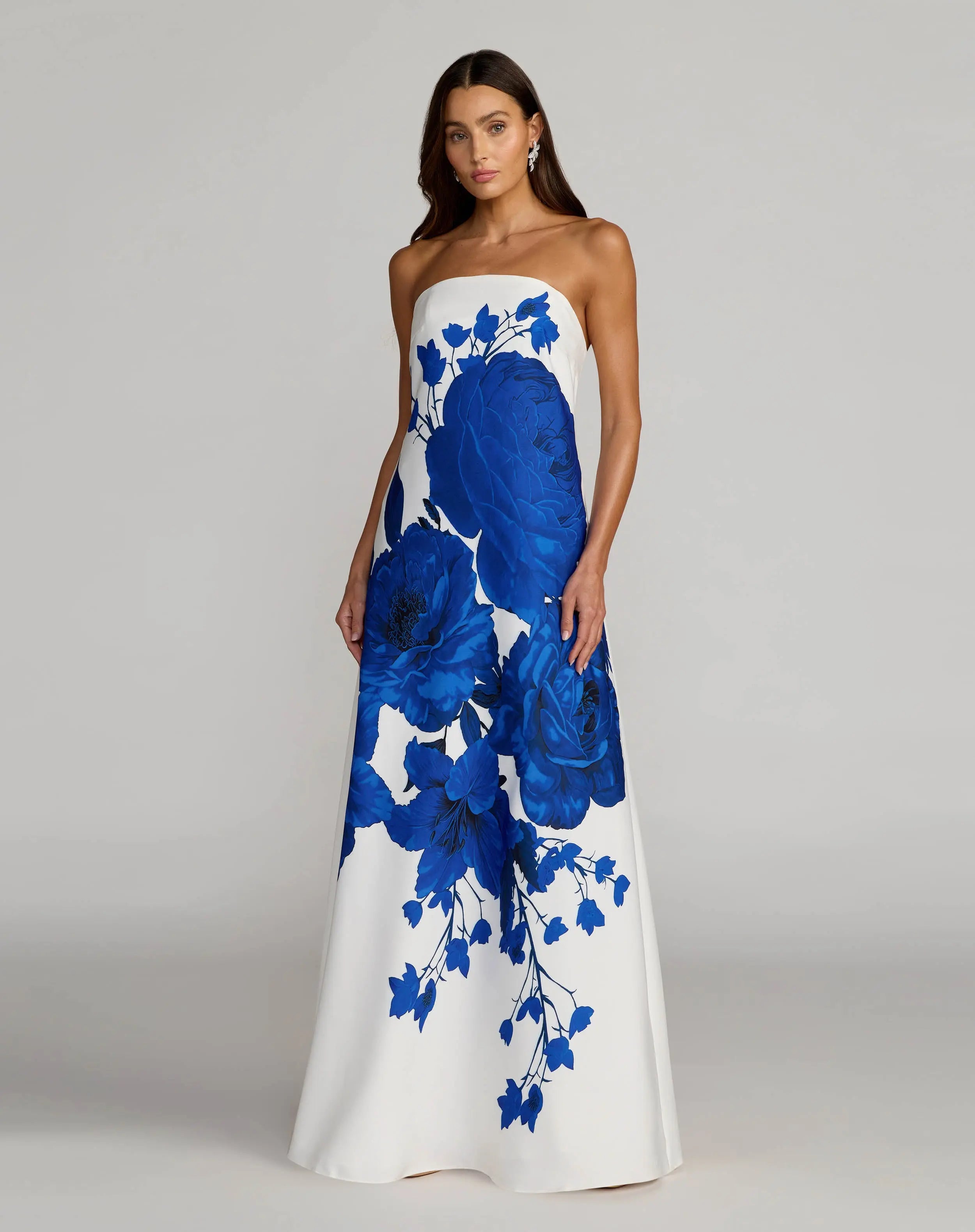 White Floral Printed Strapless Crepe Trapeze Gown-Myartka