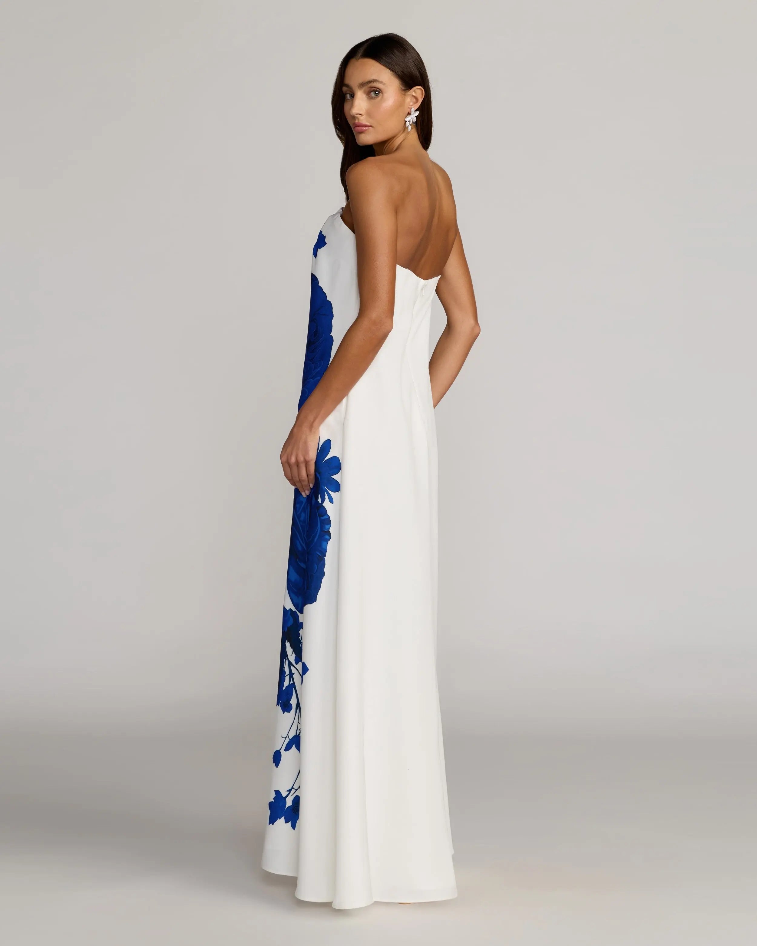 White Floral Printed Strapless Crepe Trapeze Gown-Myartka
