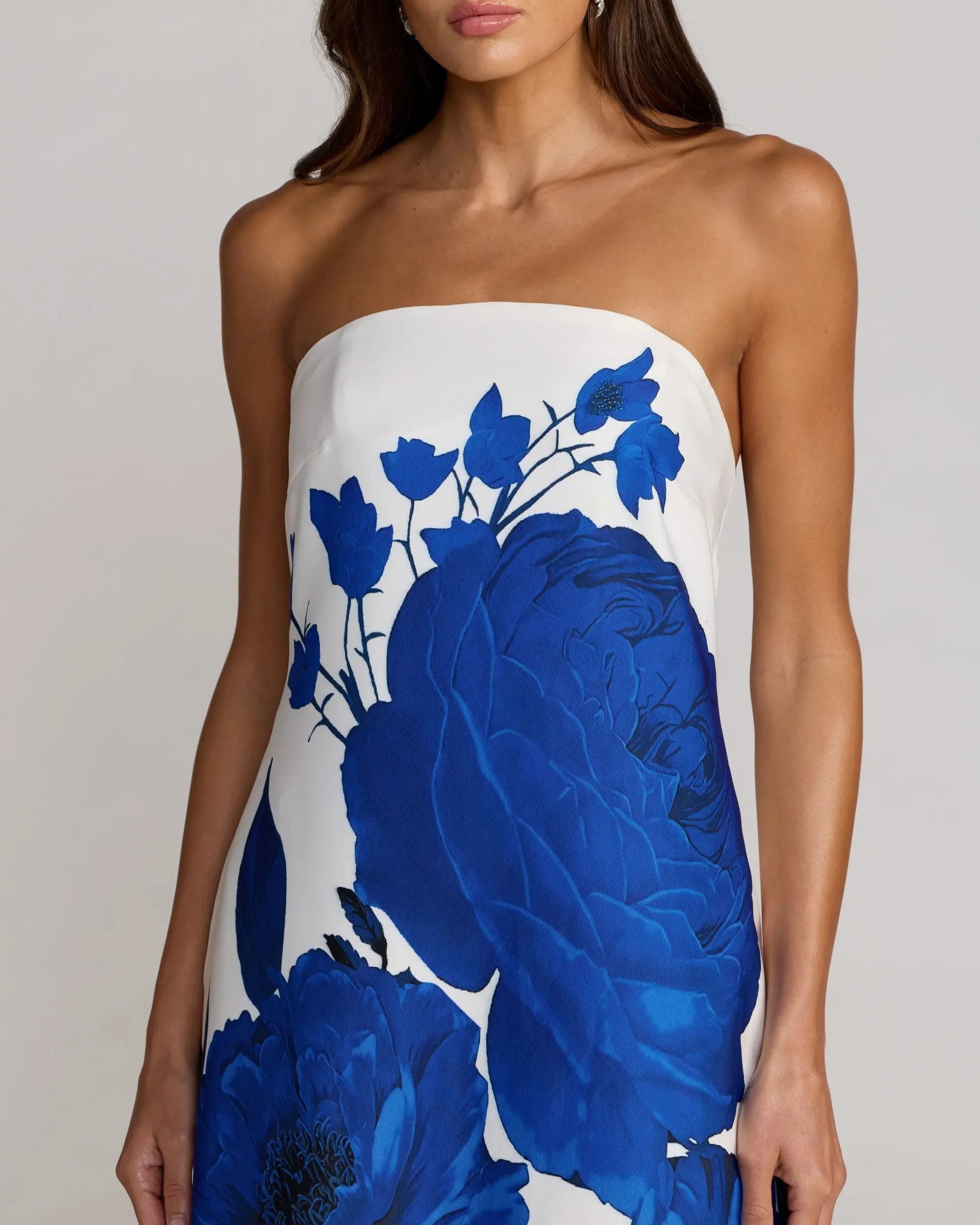 White Floral Printed Strapless Crepe Trapeze Gown-Myartka