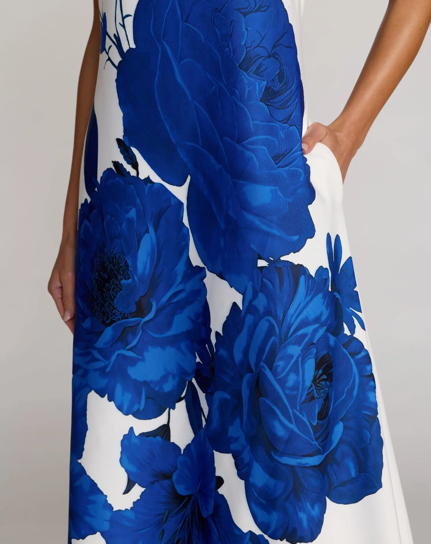 White Floral Printed Strapless Crepe Trapeze Gown-Myartka