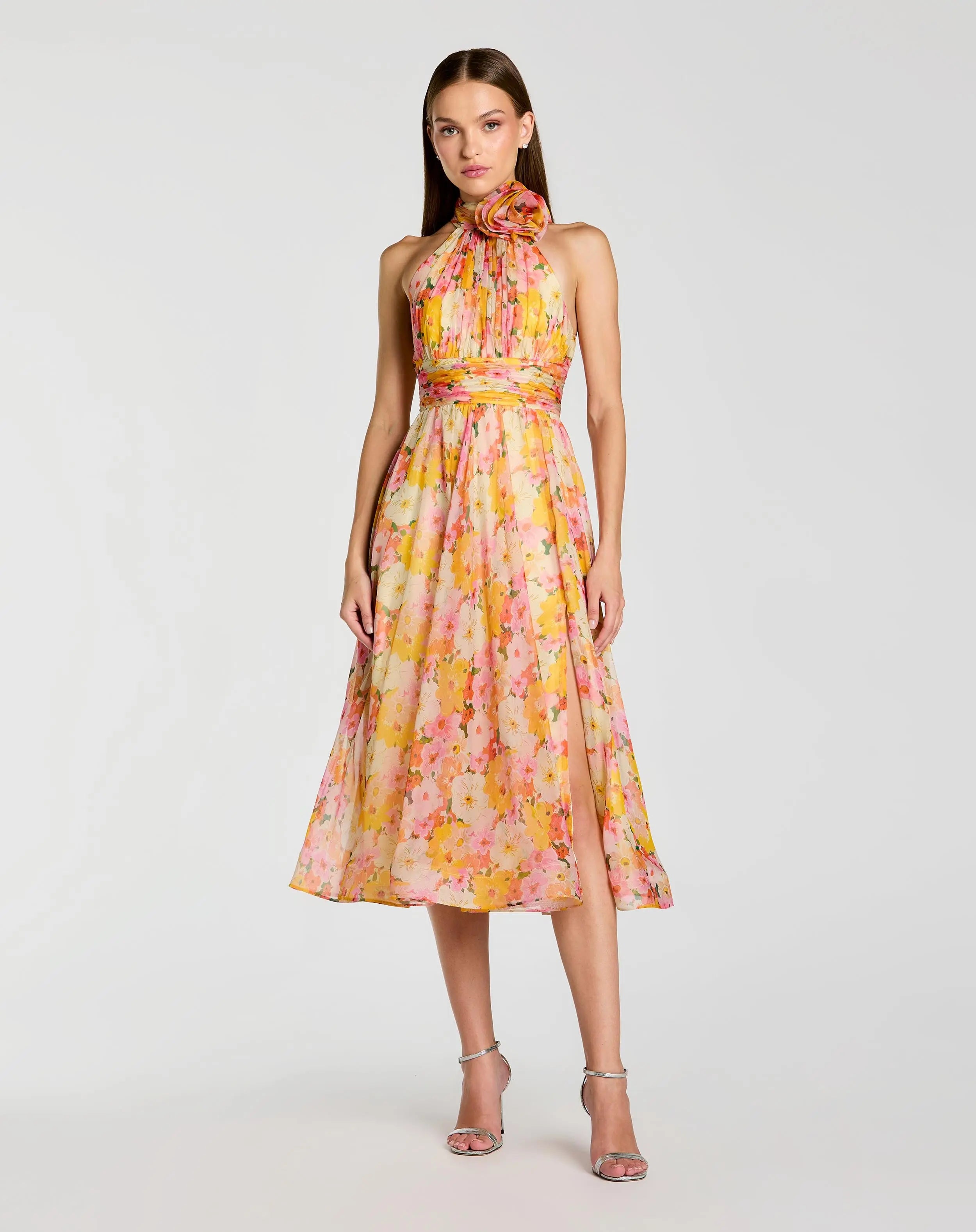 Yellow Floral Halter Neck Midi Dress With 3D Flower-Myartka
