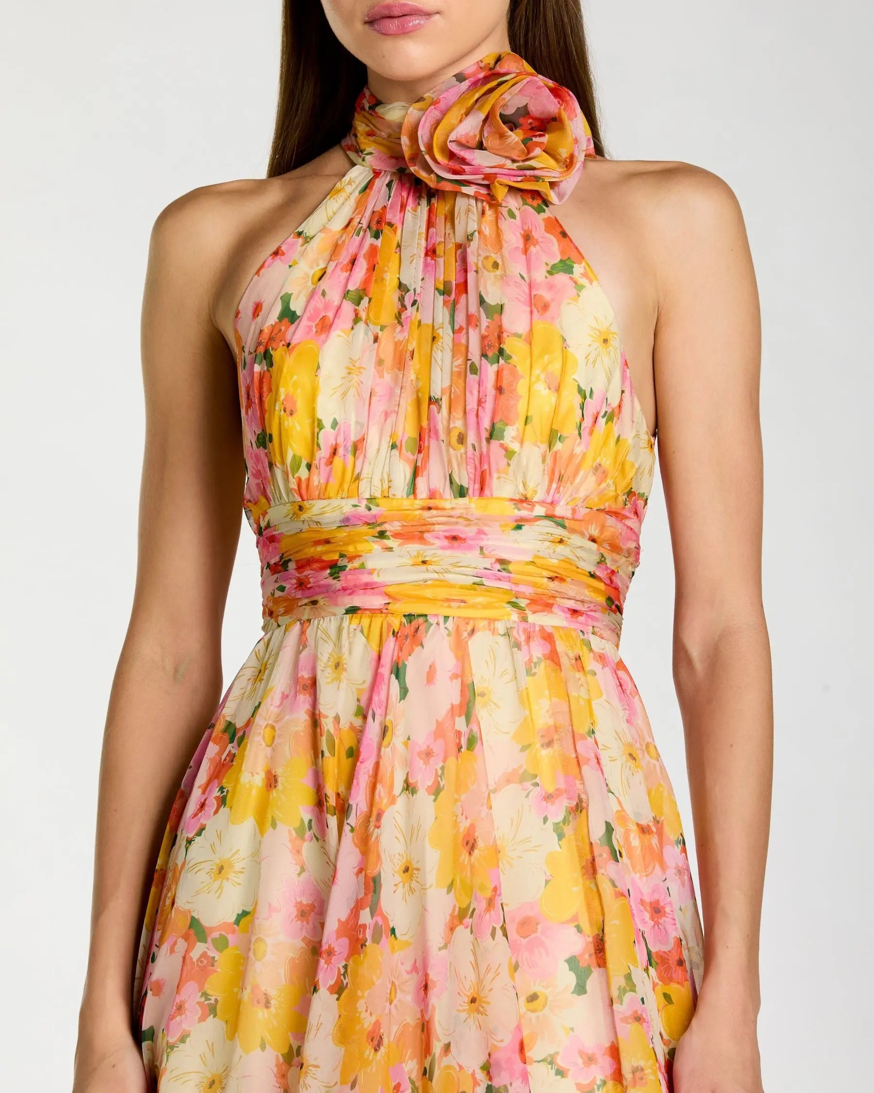 Yellow Floral Halter Neck Midi Dress With 3D Flower-Myartka