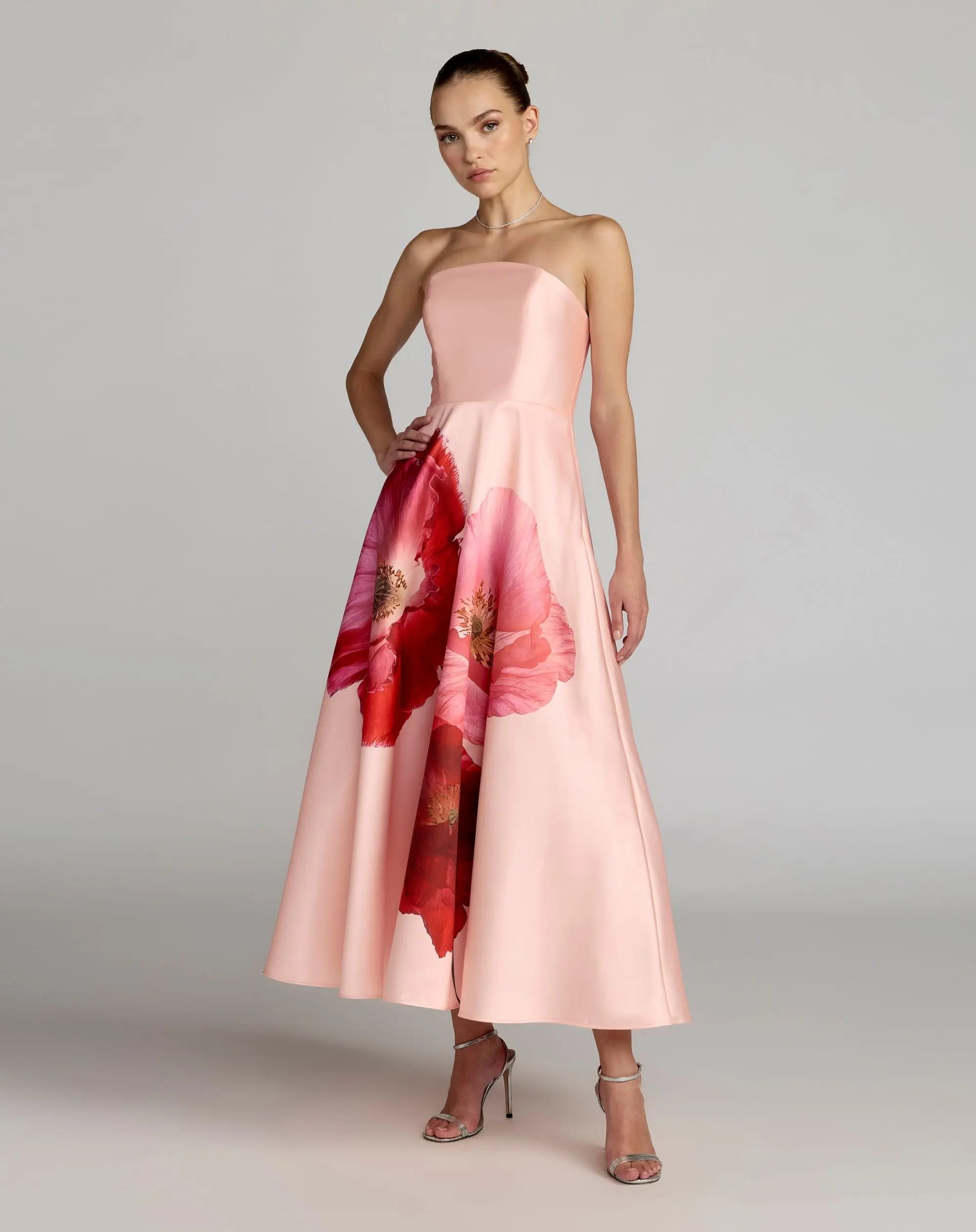 Pink Strapless A Line Midi Dress With Flower Print-Myartka