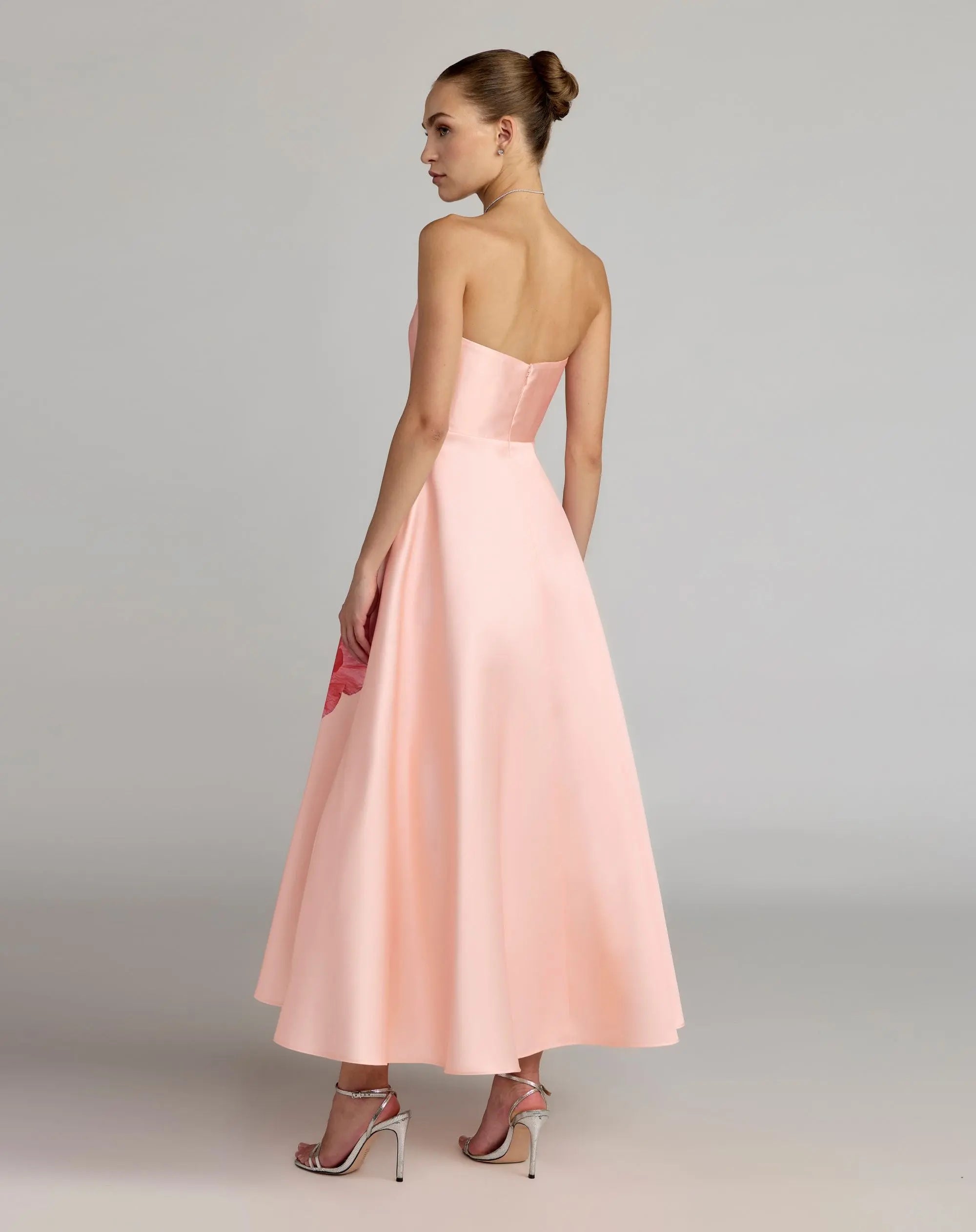 Pink Strapless A Line Midi Dress With Flower Print-Myartka