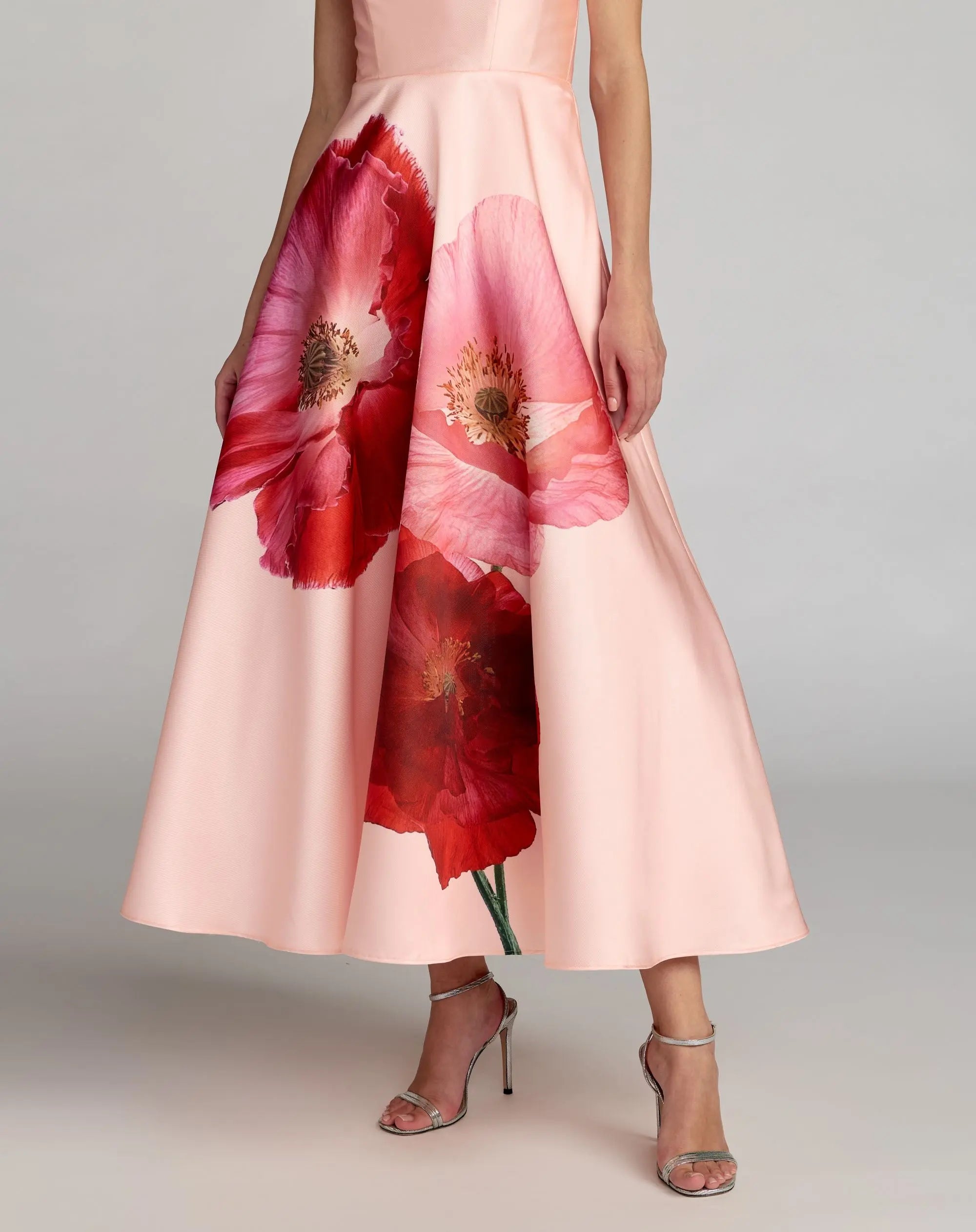 Pink Strapless A Line Midi Dress With Flower Print-Myartka