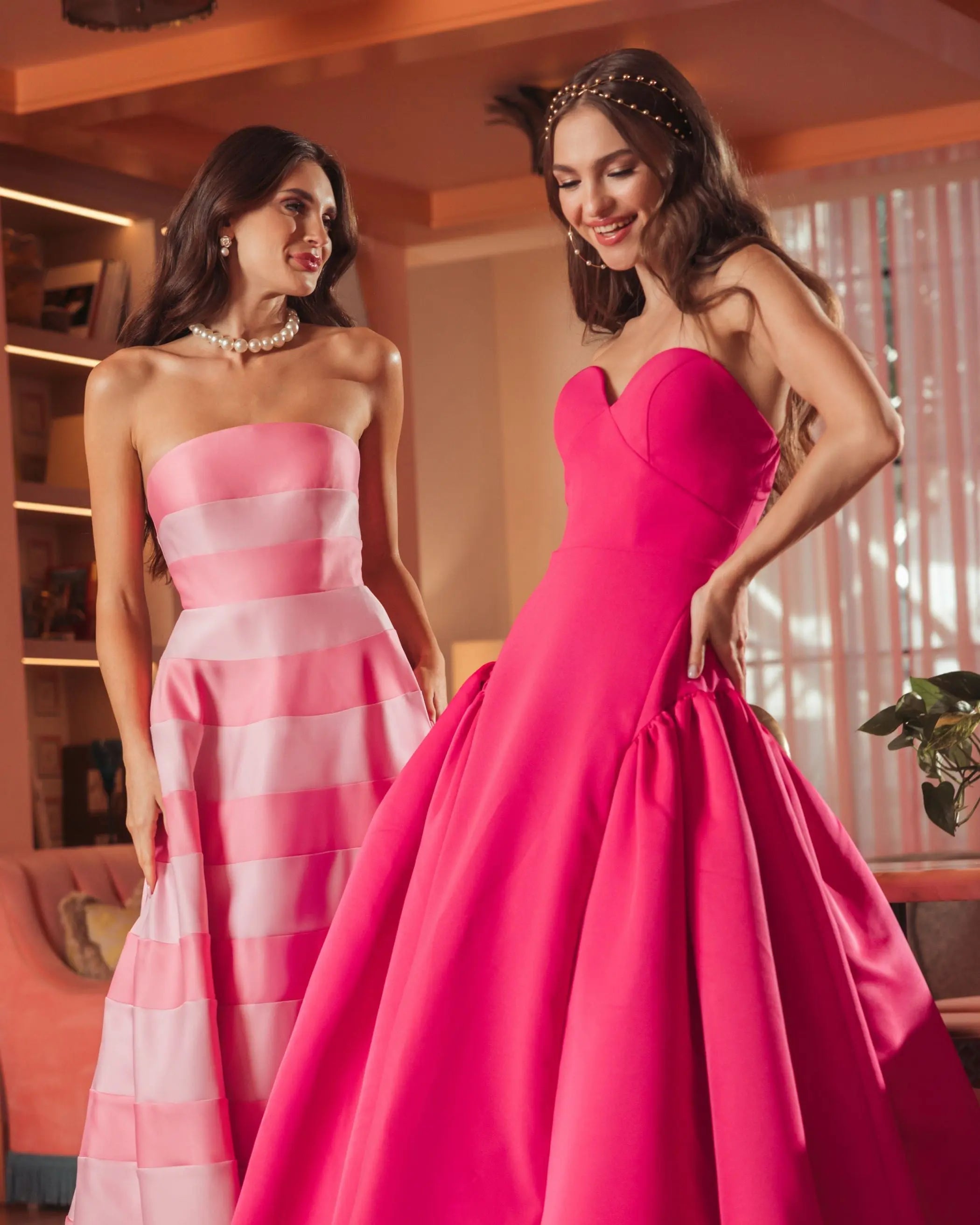 Pink Strapless Crepe Ball Gown With Satin Skirt-Myartka