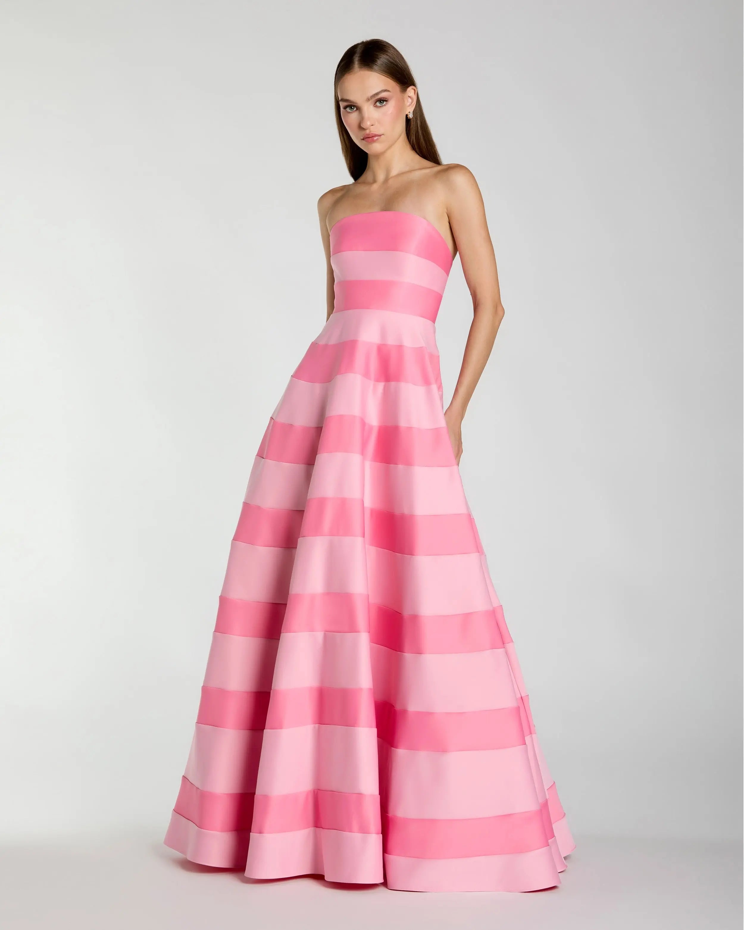 Pink Striped Strapless Satin Ballgown With Pockets-Myartka