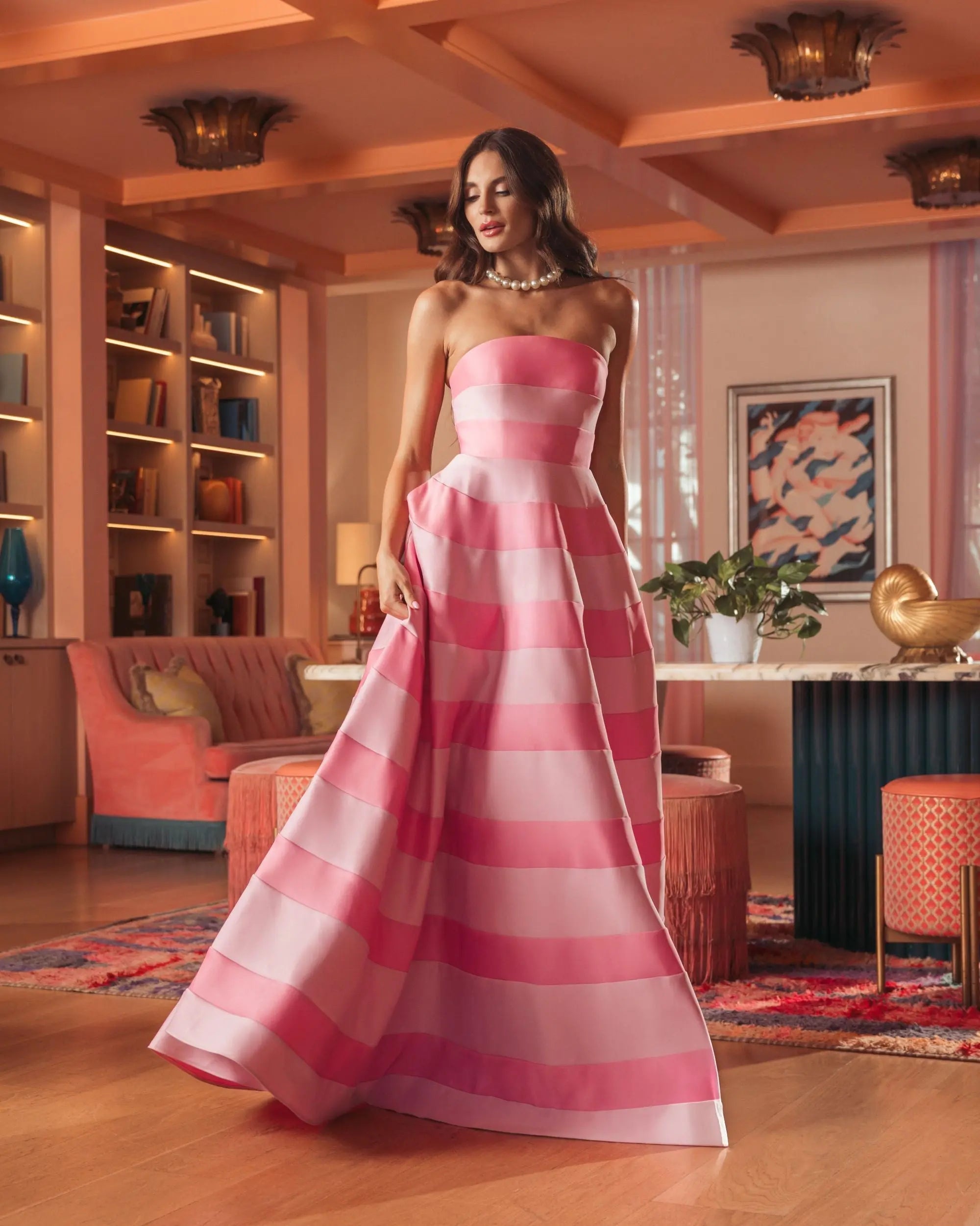 Pink Striped Strapless Satin Ballgown With Pockets-Myartka