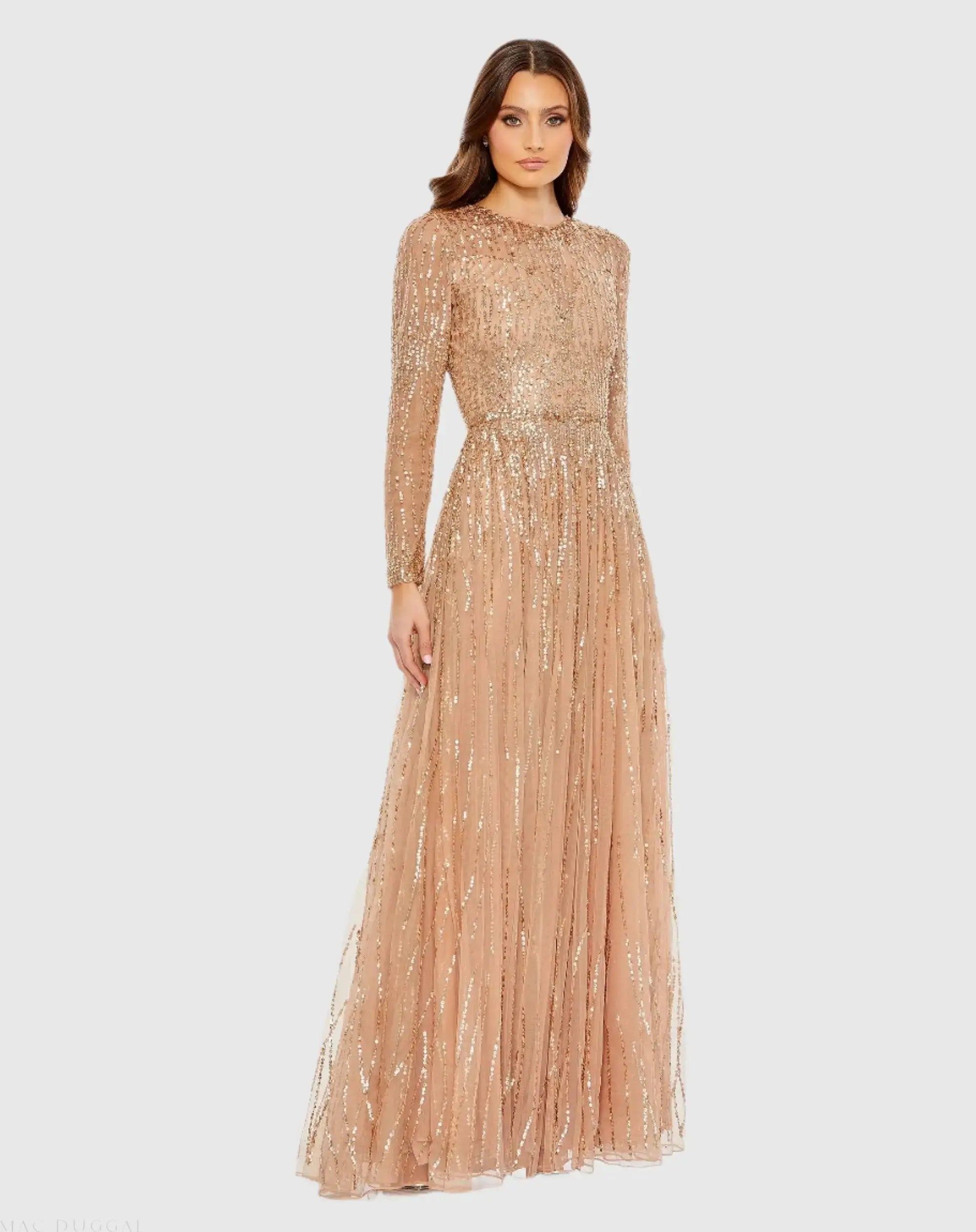 Beige Illusion High Neck Long Sleeve Embellished Gown-Myartka