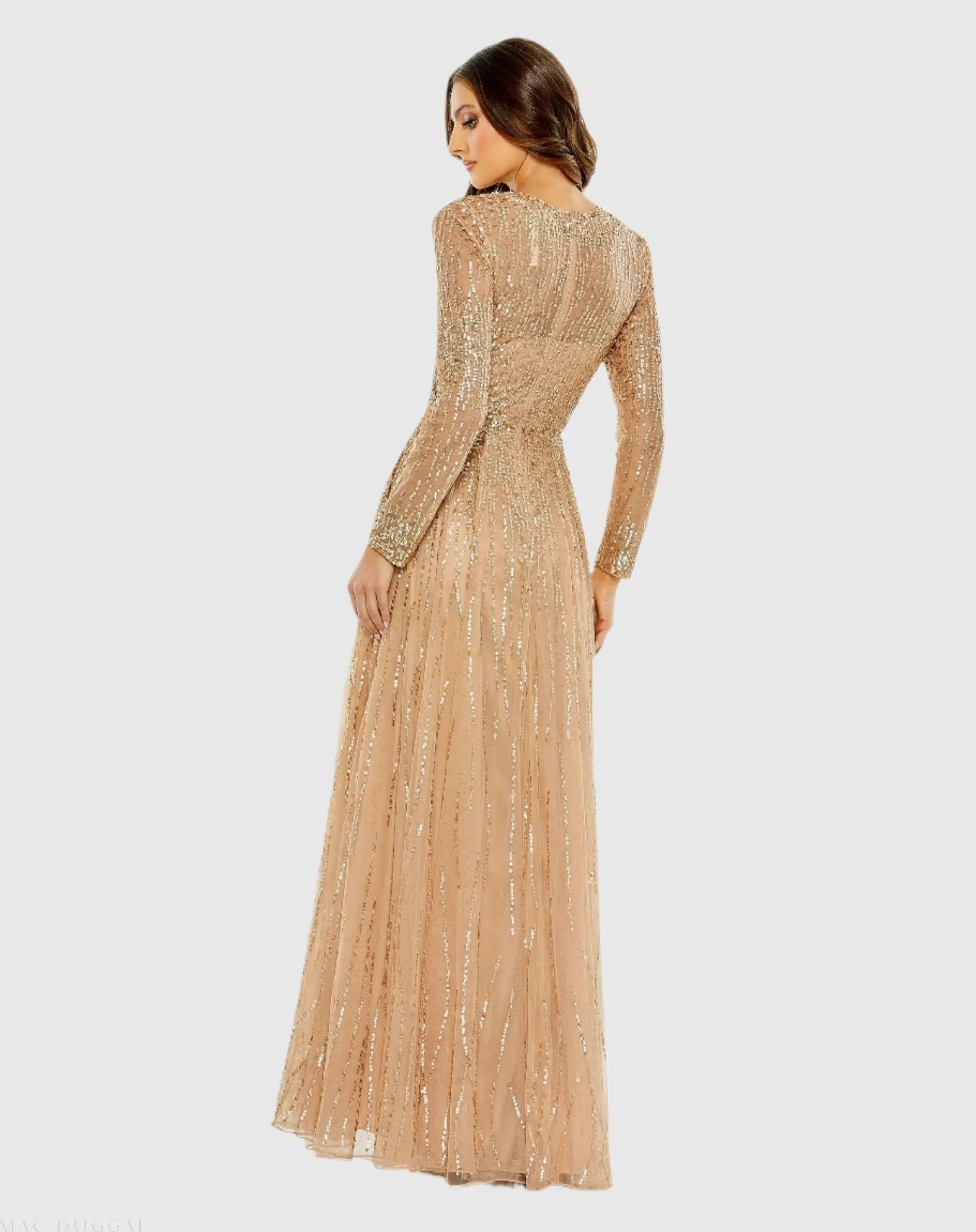 Beige Illusion High Neck Long Sleeve Embellished Gown-Myartka