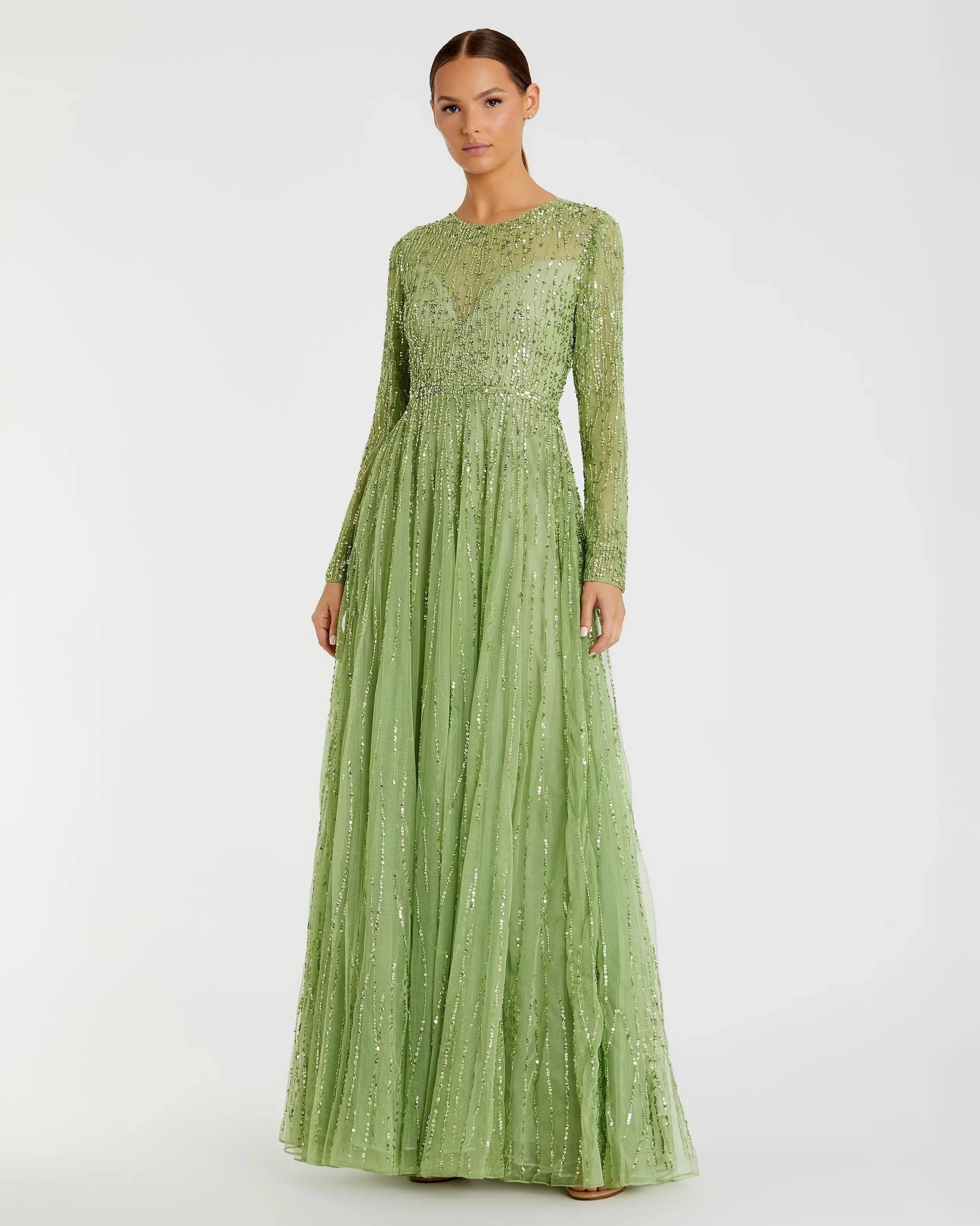 Green Illusion High Neck Long Sleeve Embellished Gown-Myartka