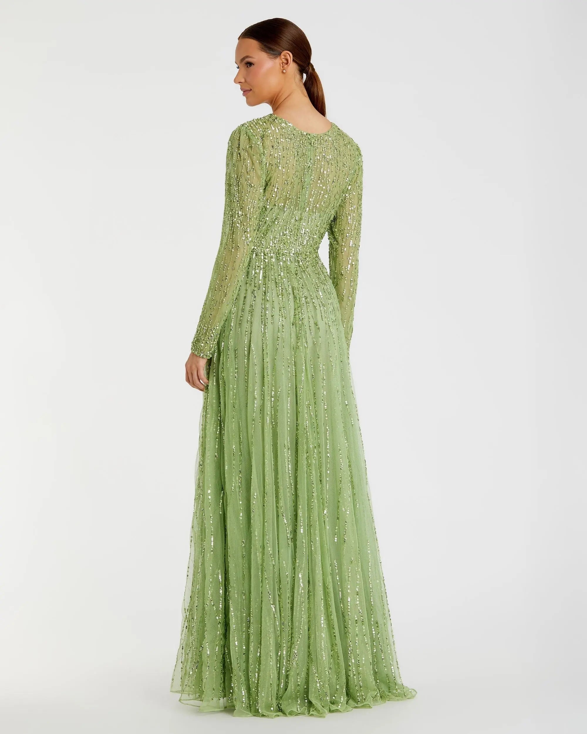 Green Illusion High Neck Long Sleeve Embellished Gown-Myartka