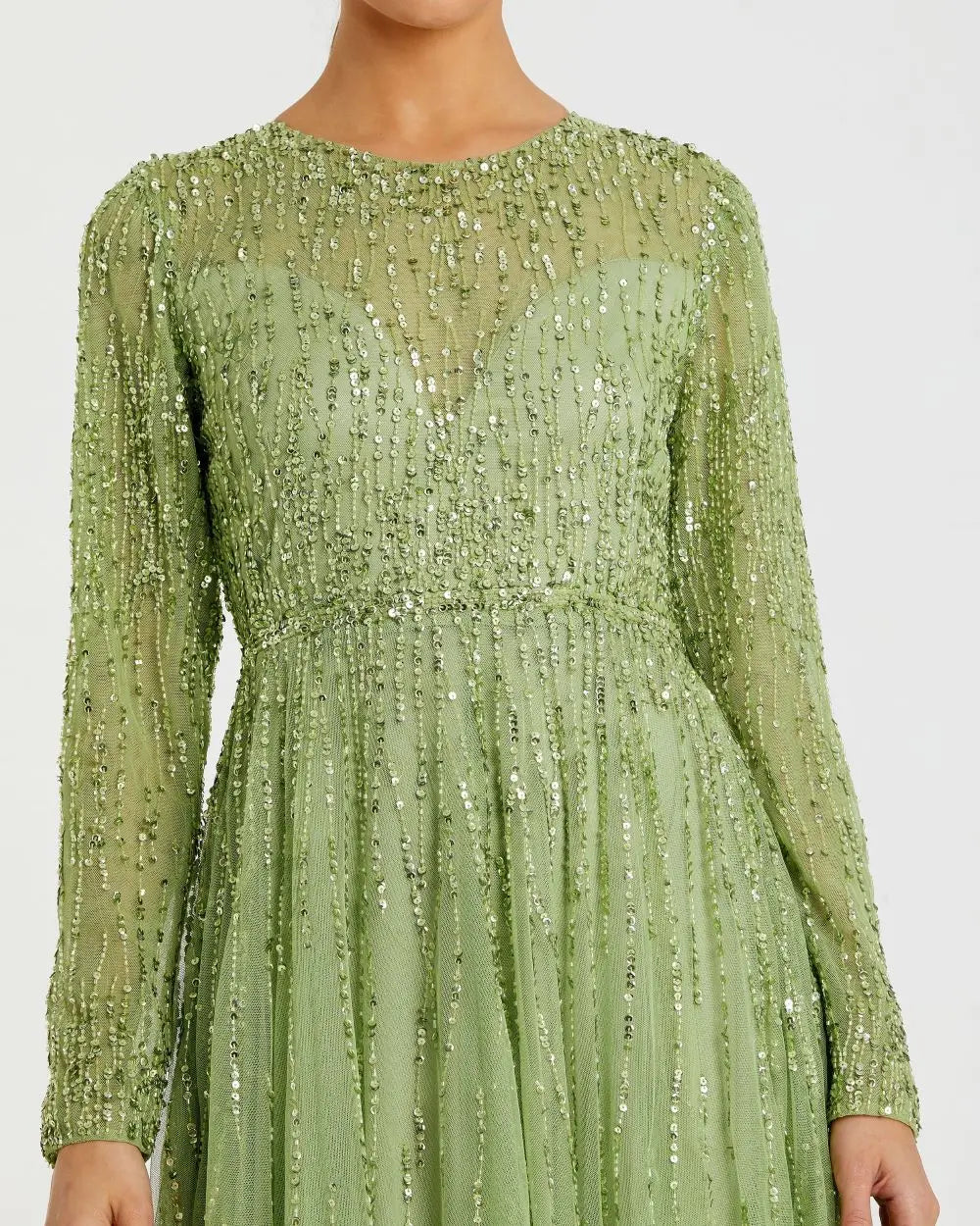 Green Illusion High Neck Long Sleeve Embellished Gown-Myartka