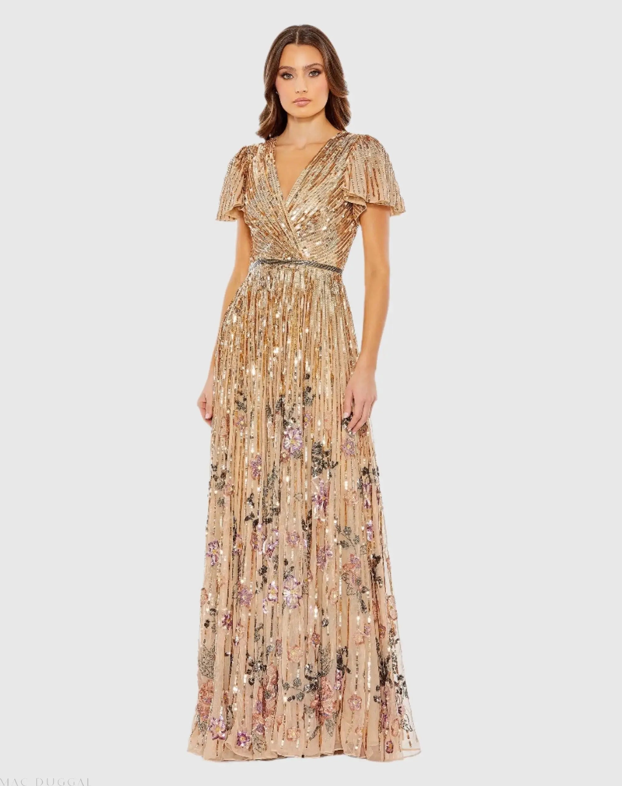 Flounce Sleeve V Neck Gown-Myartka