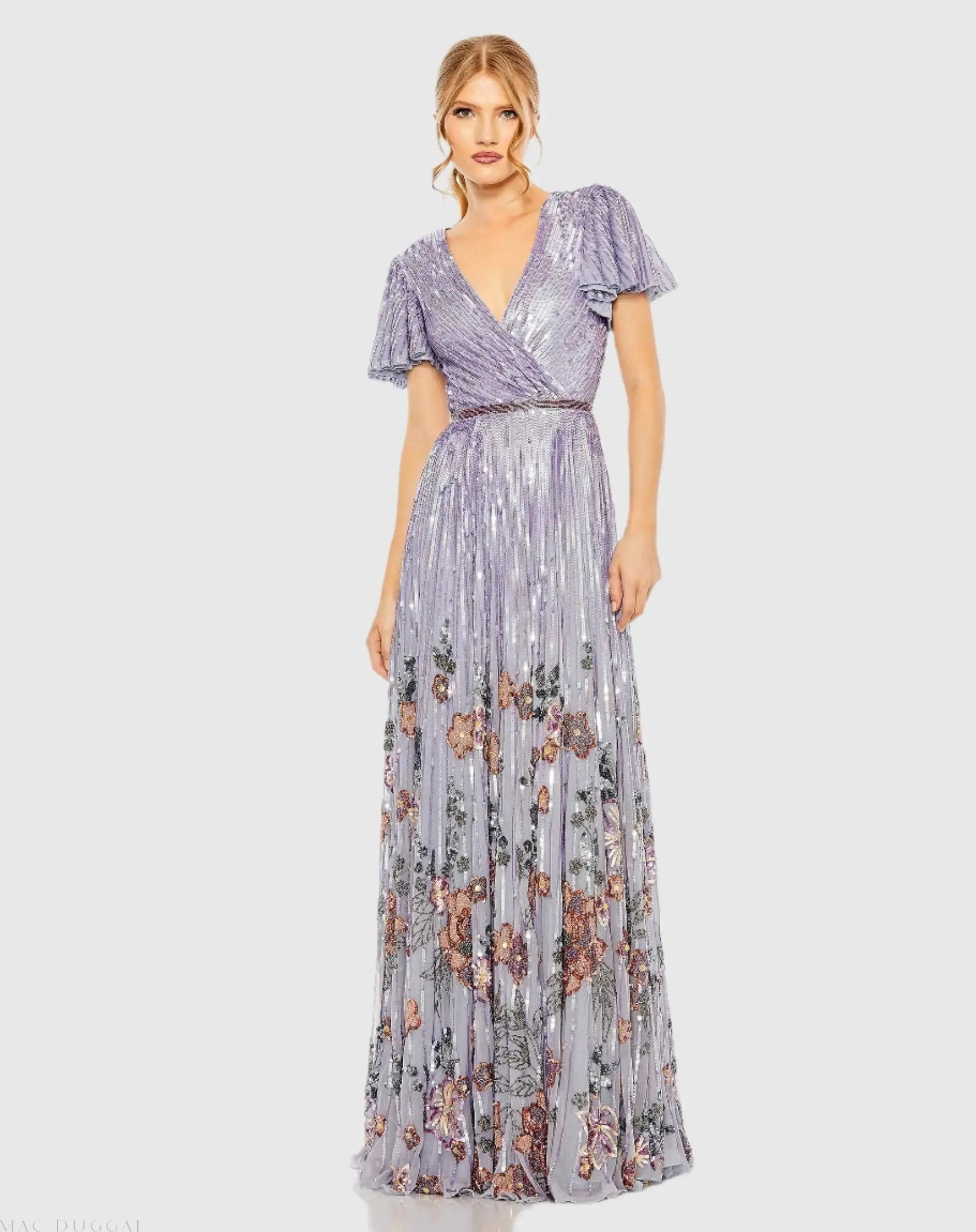 Purple Flounce Sleeve V Neck Gown-Myartka