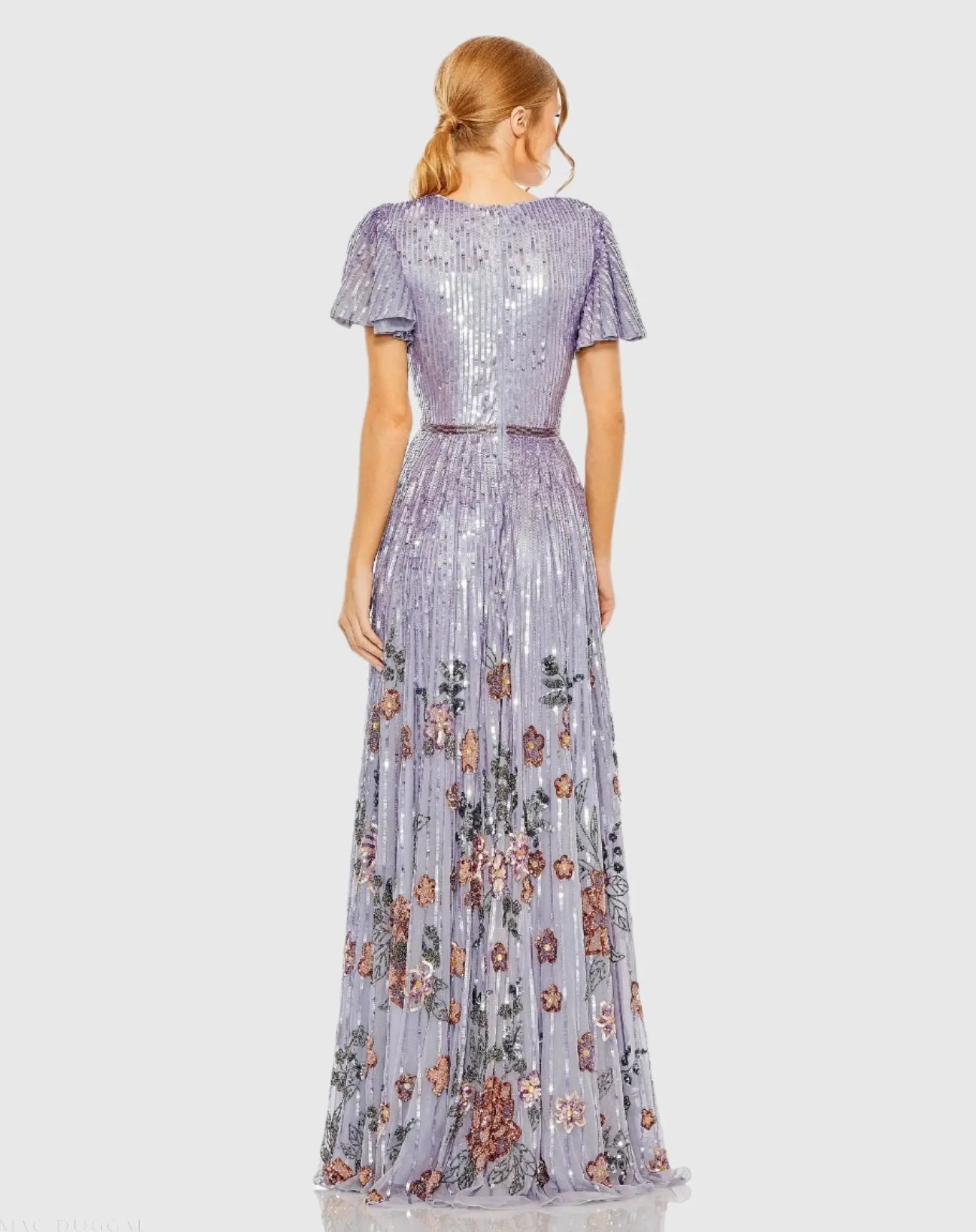 Purple Flounce Sleeve V Neck Gown-Myartka