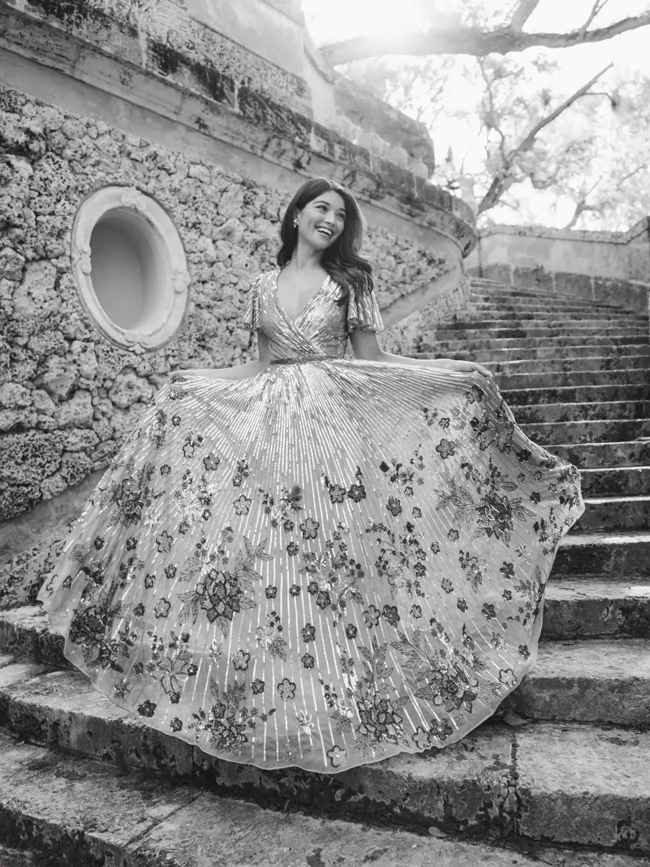 Purple Flounce Sleeve V Neck Gown-Myartka