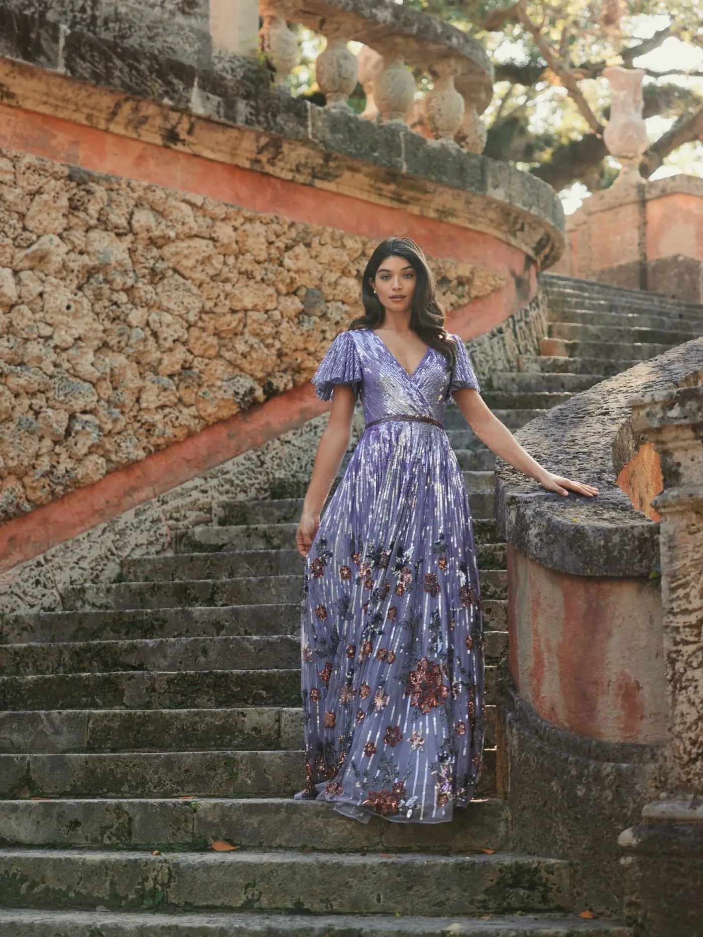 Purple Flounce Sleeve V Neck Gown-Myartka