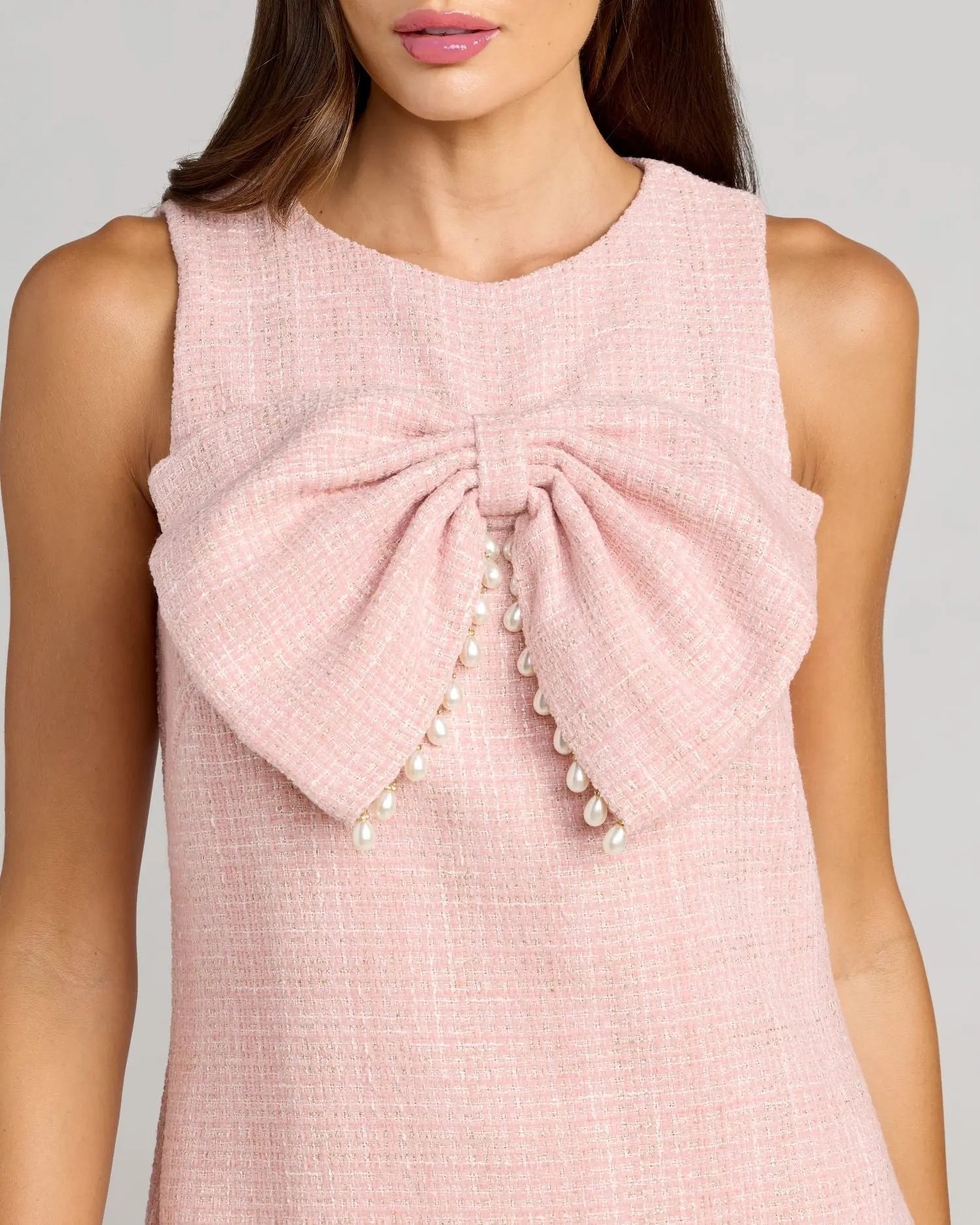 Pink Boucle Pearl Mini Dress With Bow-Myartka