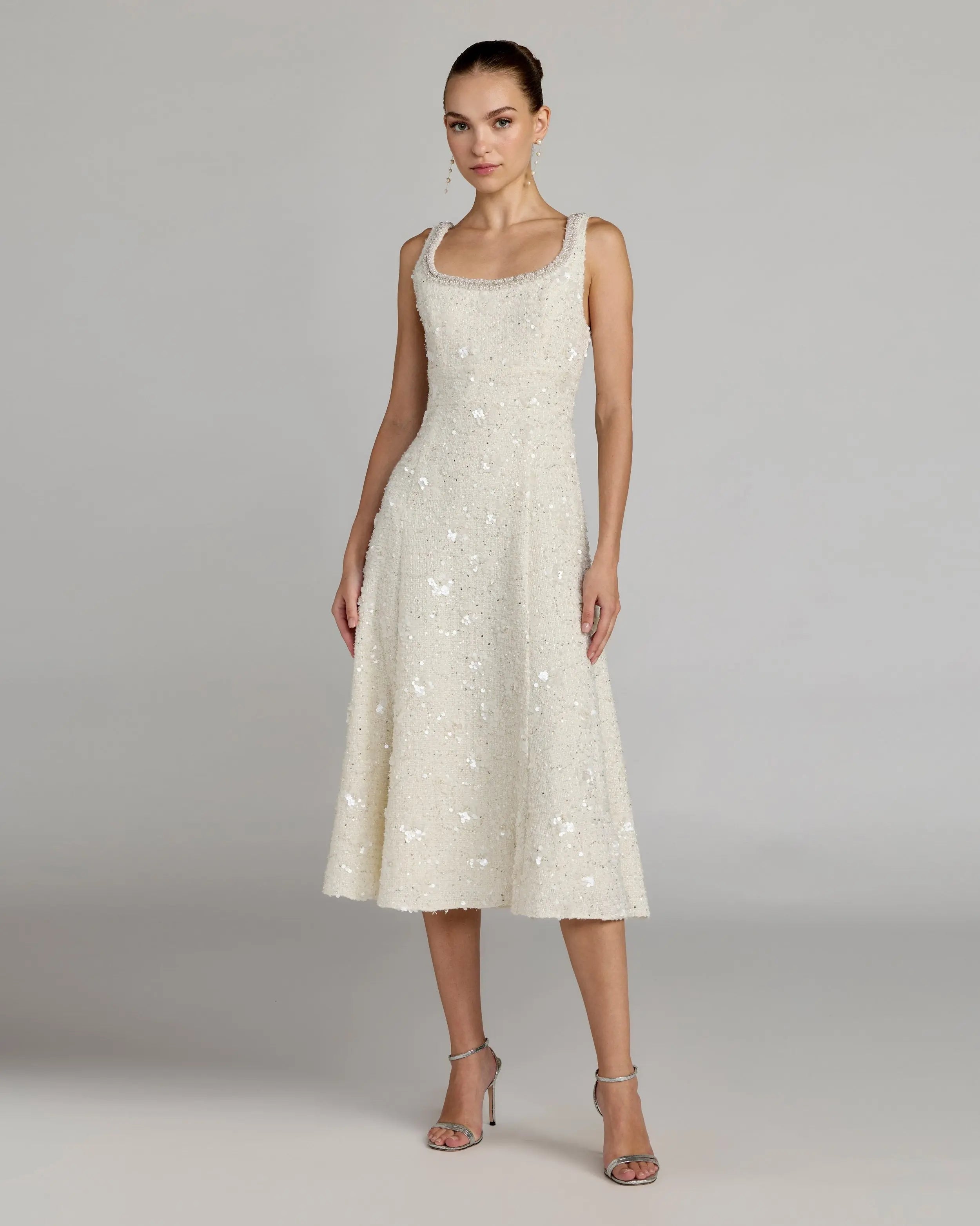Ivory Embellished Boucle Midi Dress-Myartka