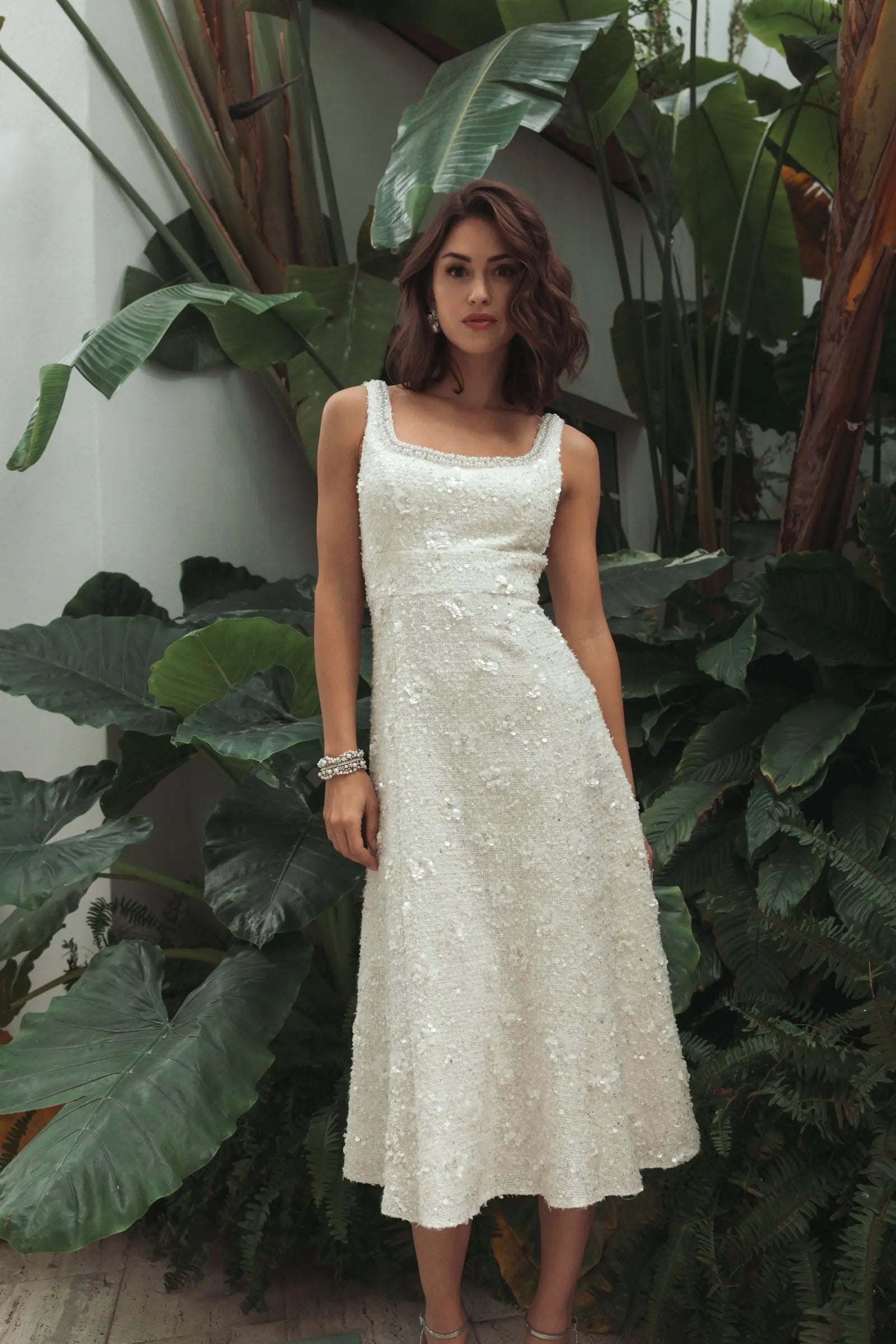 Ivory Embellished Boucle Midi Dress-Myartka