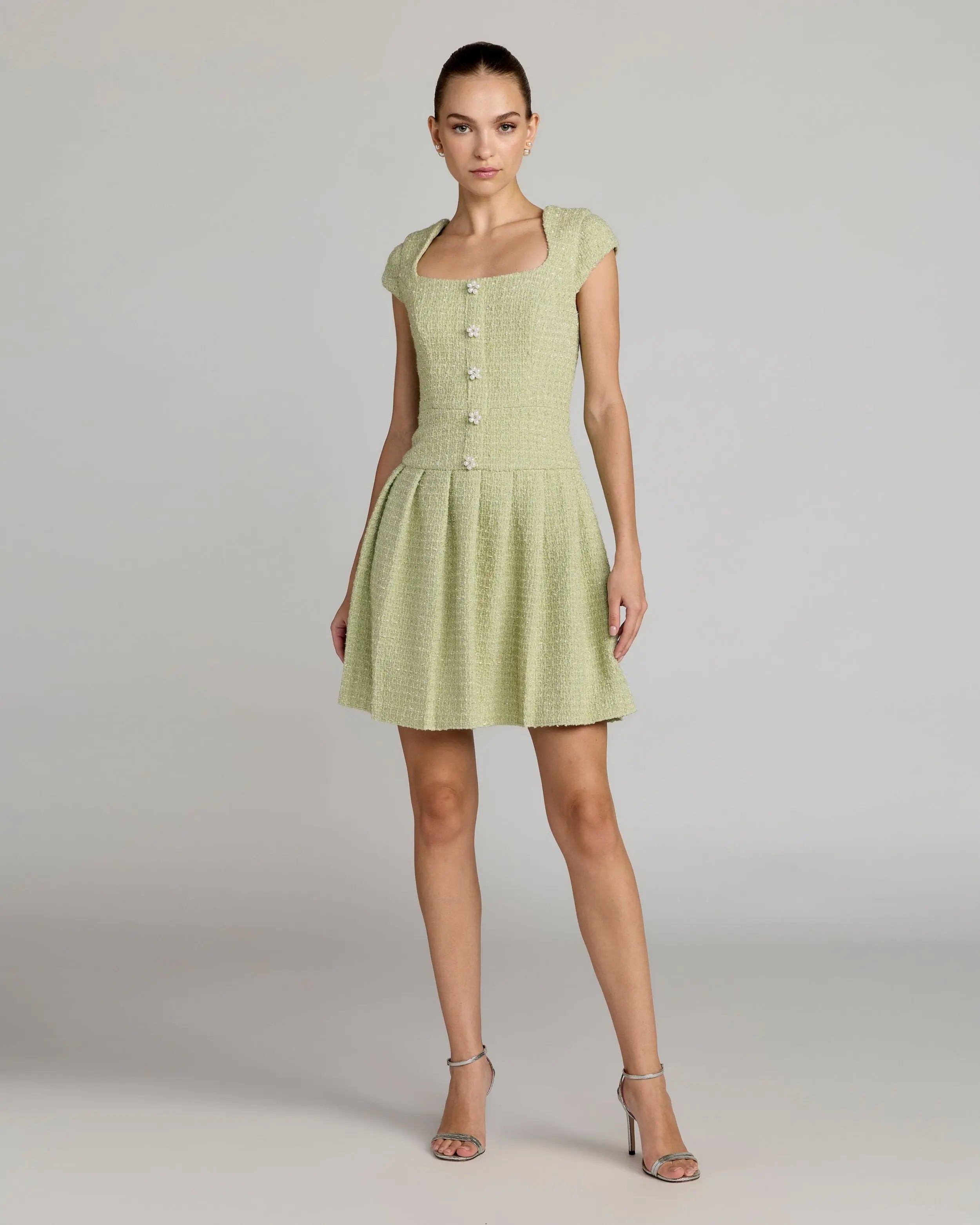 Green Tweed Cap Sleeve Pleated Mini Dress-Myartka