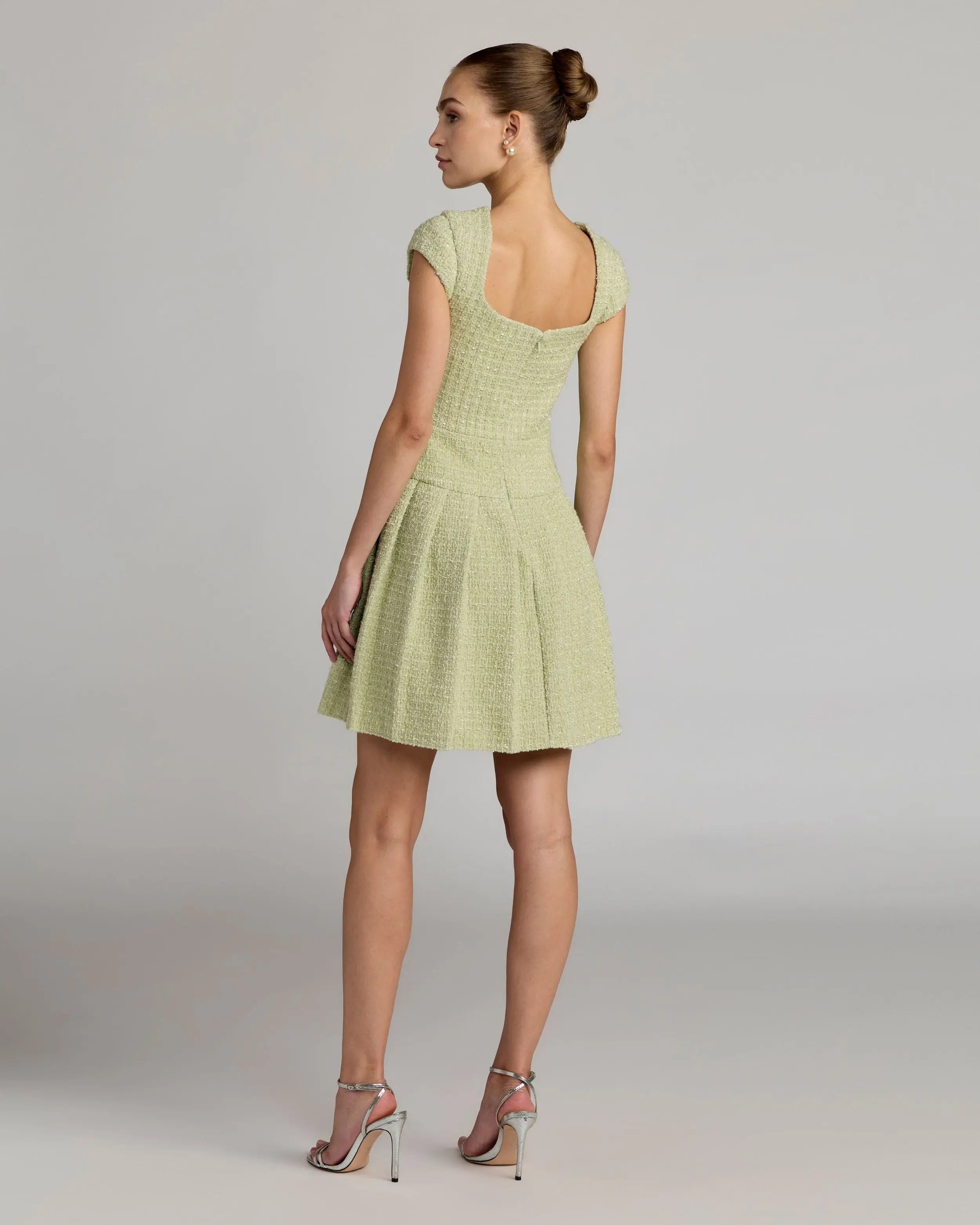 Green Tweed Cap Sleeve Pleated Mini Dress-Myartka