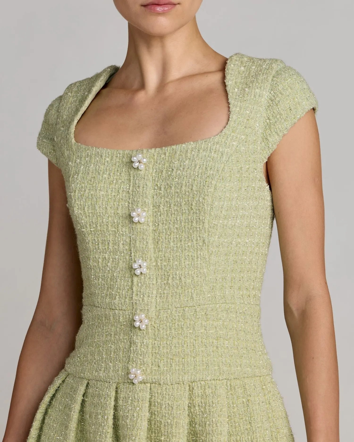 Green Tweed Cap Sleeve Pleated Mini Dress-Myartka