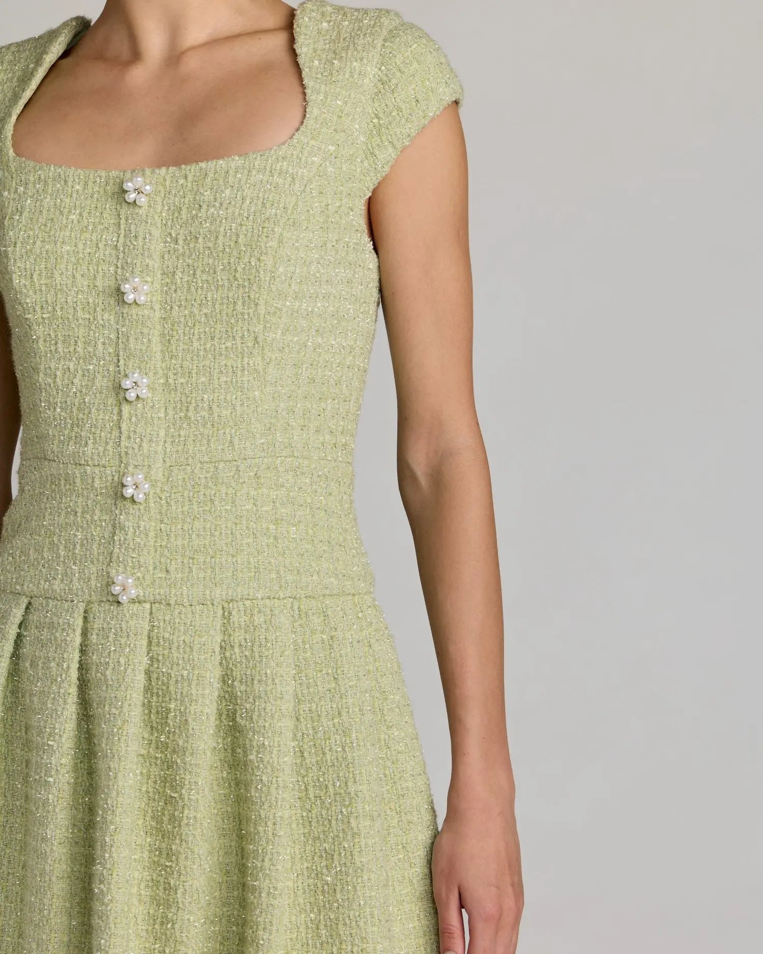 Green Tweed Cap Sleeve Pleated Mini Dress-Myartka