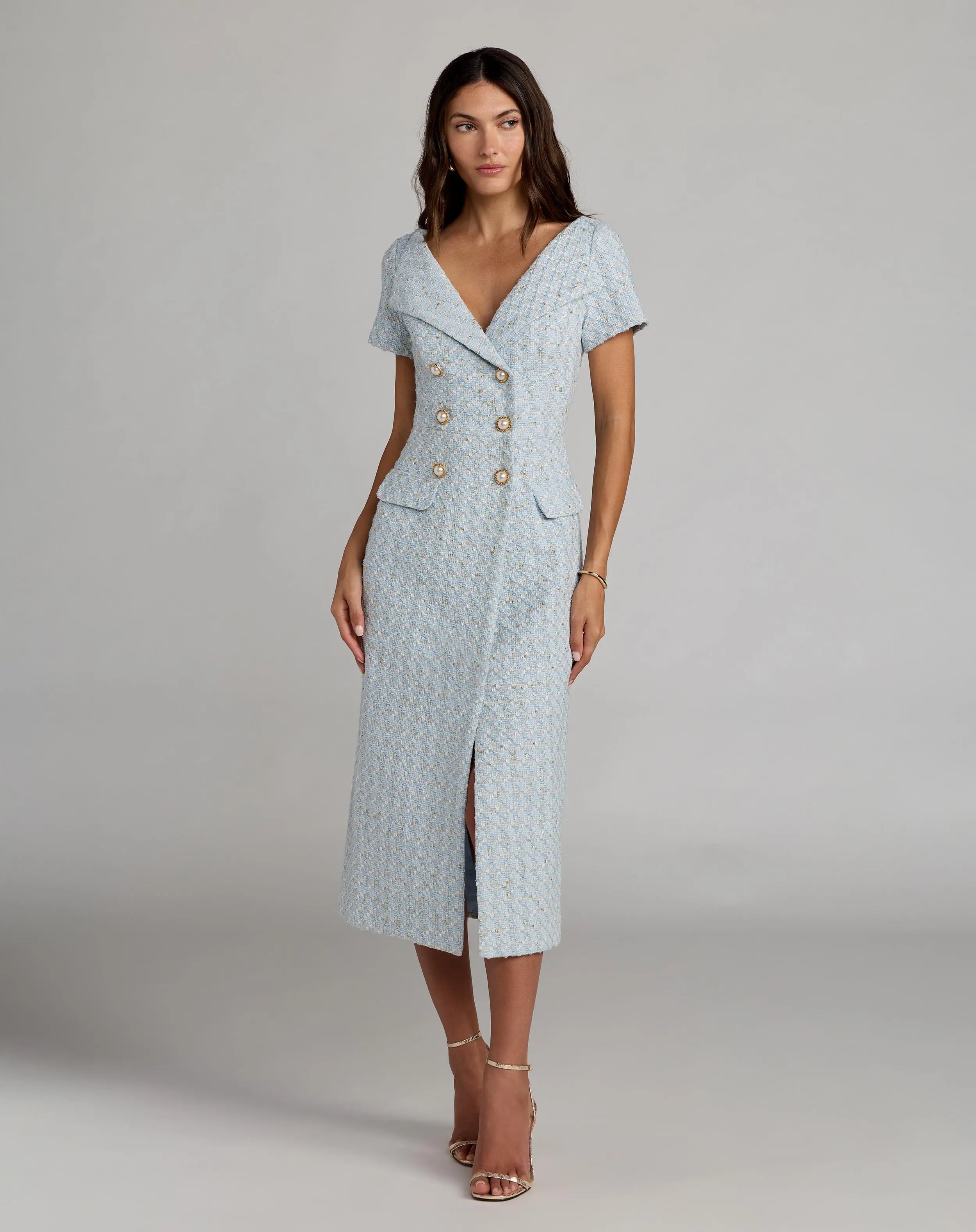 Blue Boucle Cap Sleeve Fitted Midi Dress-Myartka