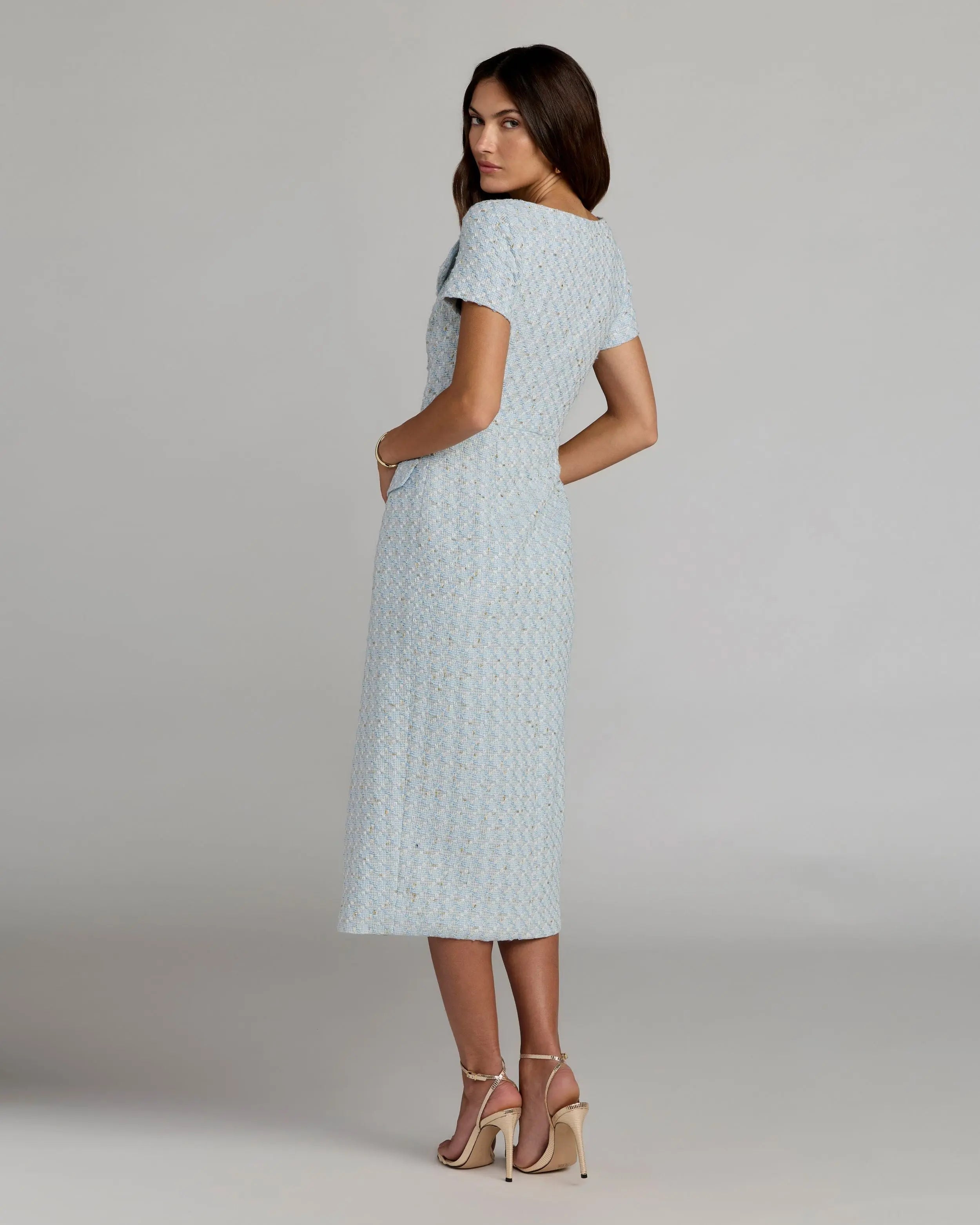 Blue Boucle Cap Sleeve Fitted Midi Dress-Myartka