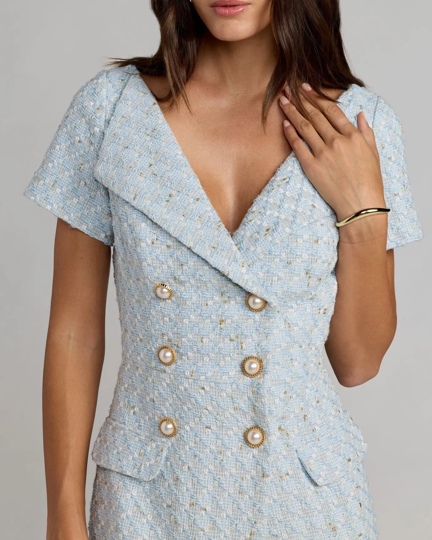 Blue Boucle Cap Sleeve Fitted Midi Dress-Myartka